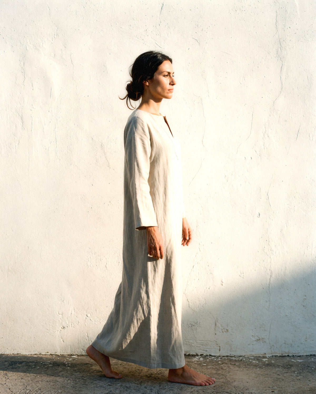 Long Sleeve Linen Kaftan, worn, relaxed
