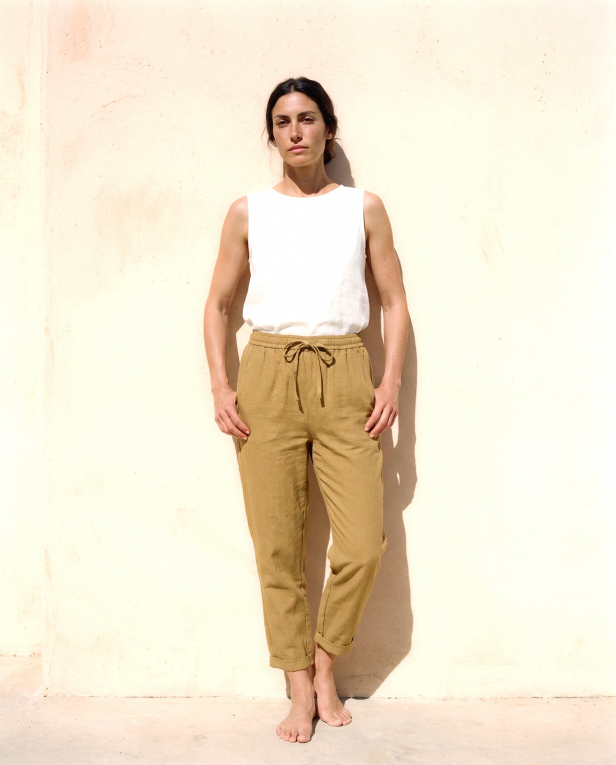 Tapered Linen Trousers, in Ochre