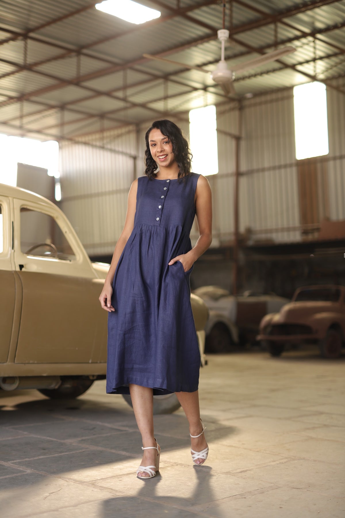 Navy button front gathered midi in washed linen, photographed in Jaipur