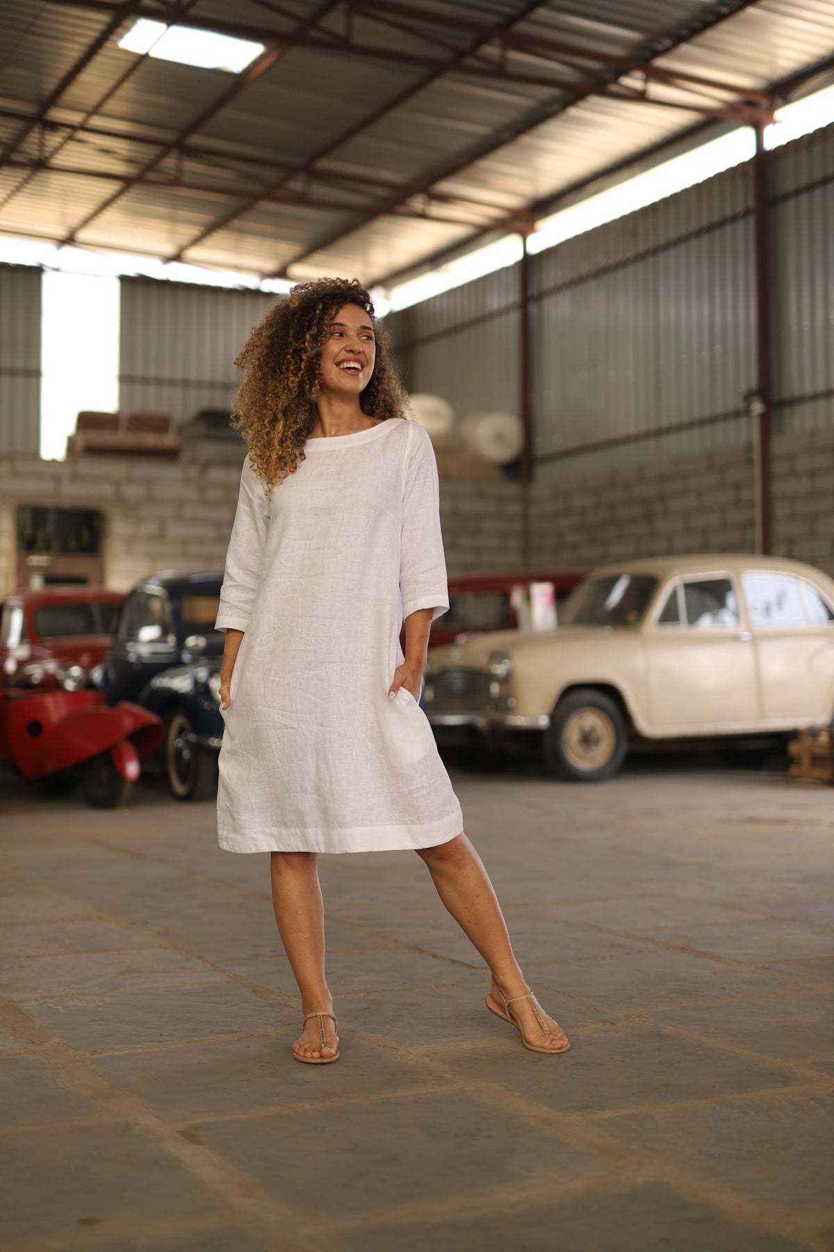 Ivory oversized linen shift in washed linen, photographed in Jaipur