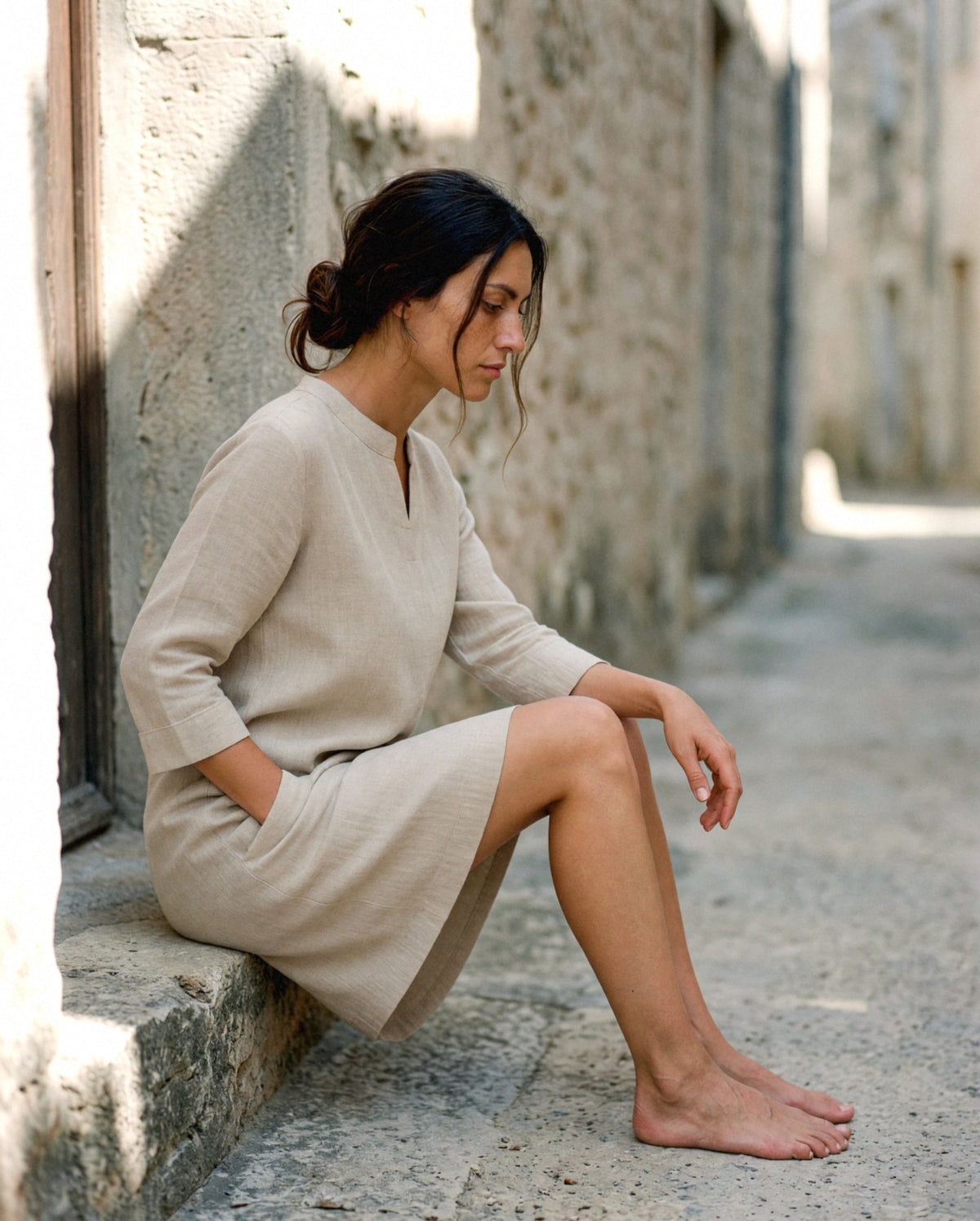 Boat Neck Linen Shift, worn outdoors