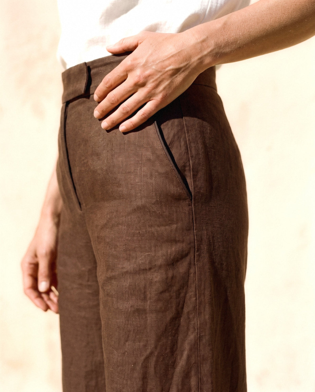 Wide Leg Linen Trousers, fabric and finish detail