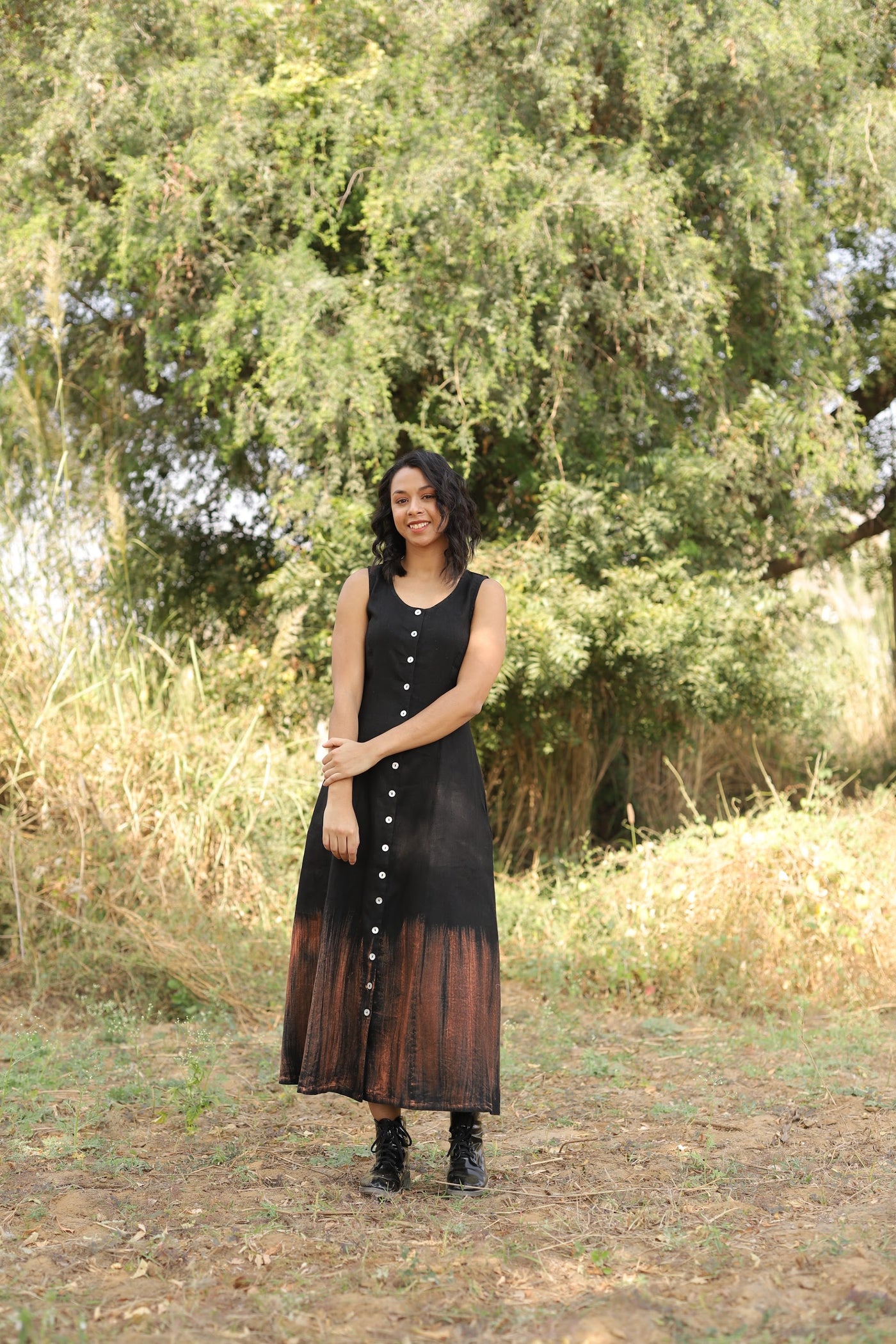 Black button front linen midi in washed linen, photographed in Jaipur