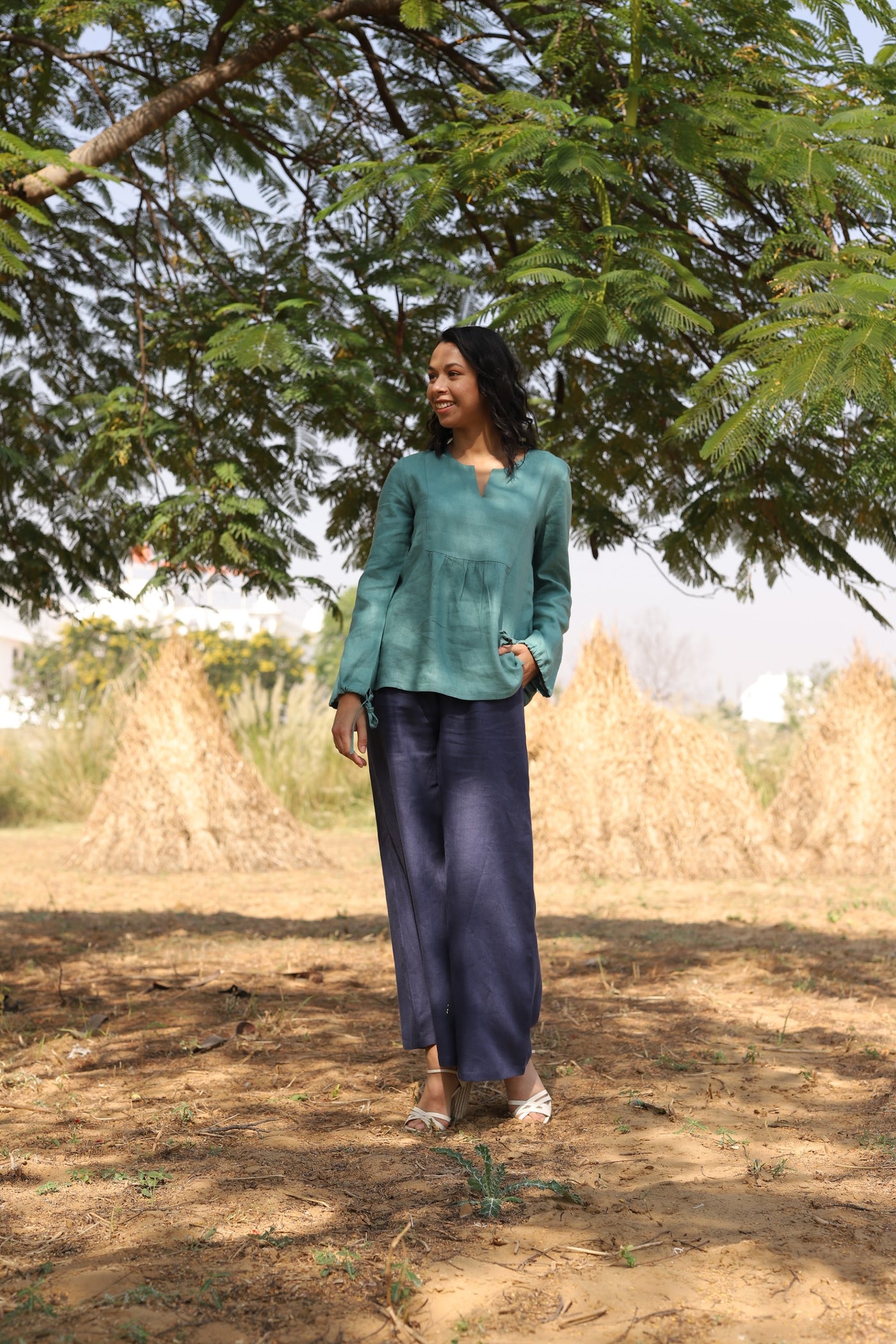 Sea Green linen tunic and trouser set in washed linen, photographed in Jaipur