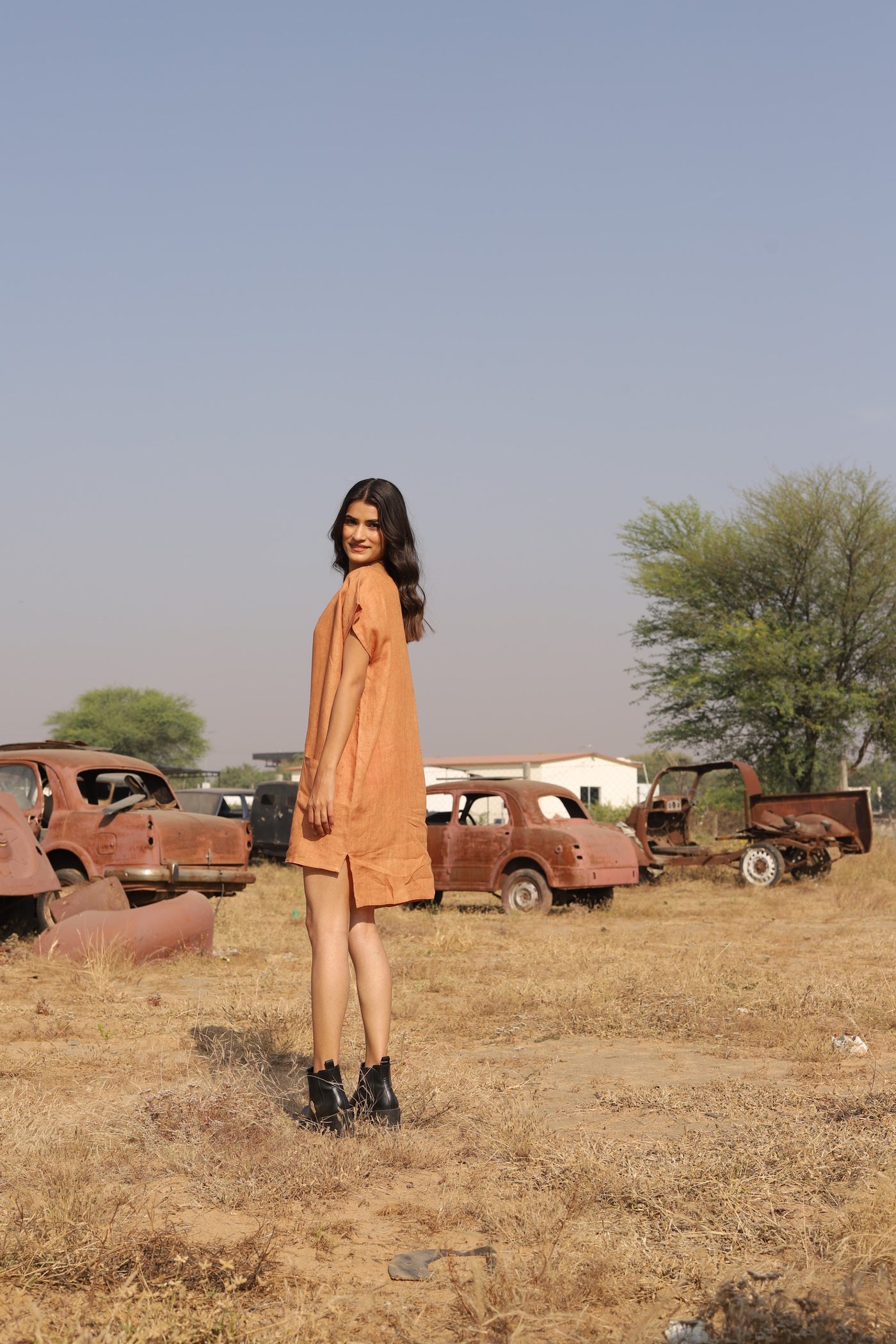 Apricot boxy linen shift in washed linen, photographed in Jaipur