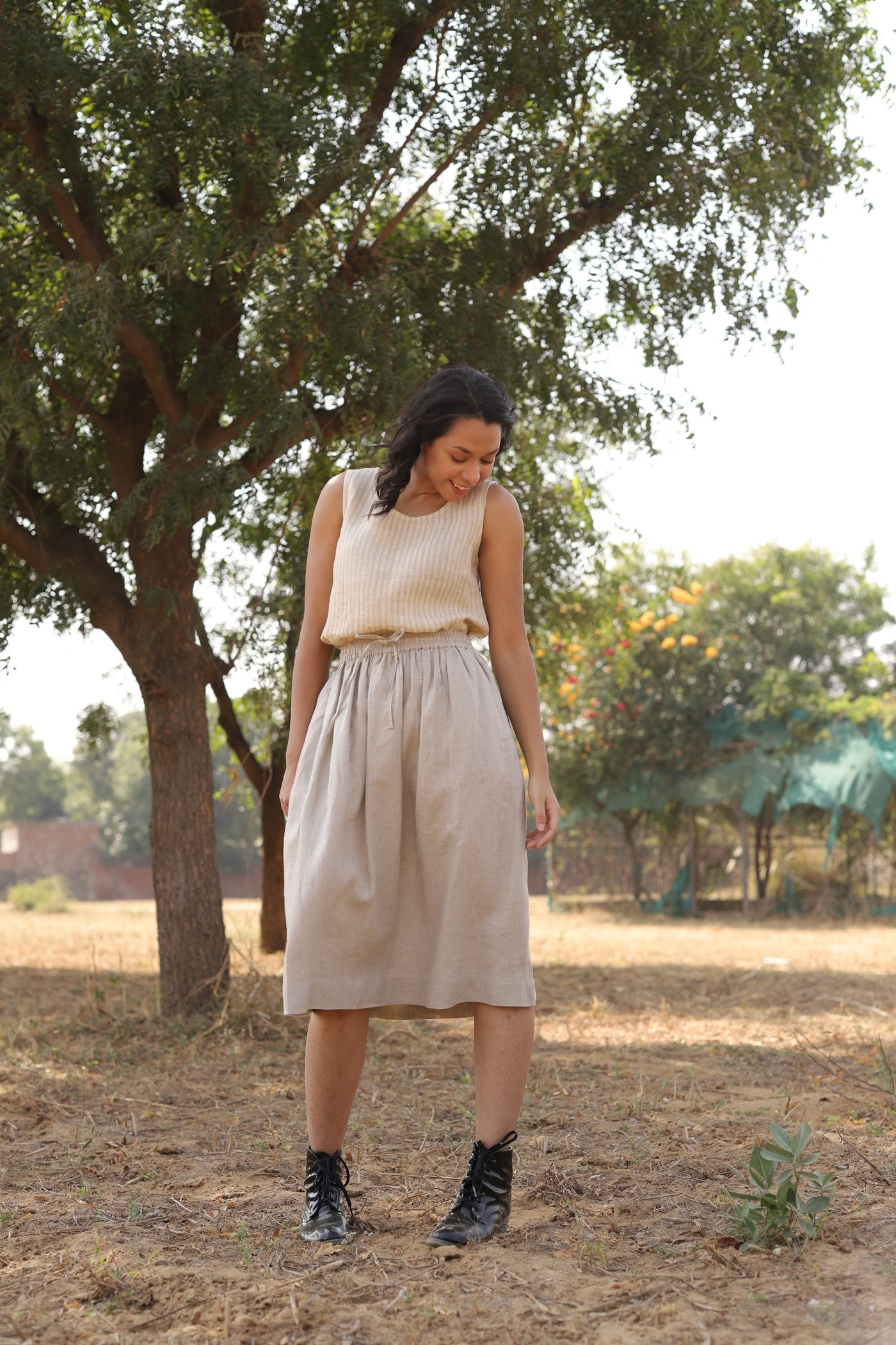Natural gathered linen midi skirt in washed linen, photographed in Jaipur