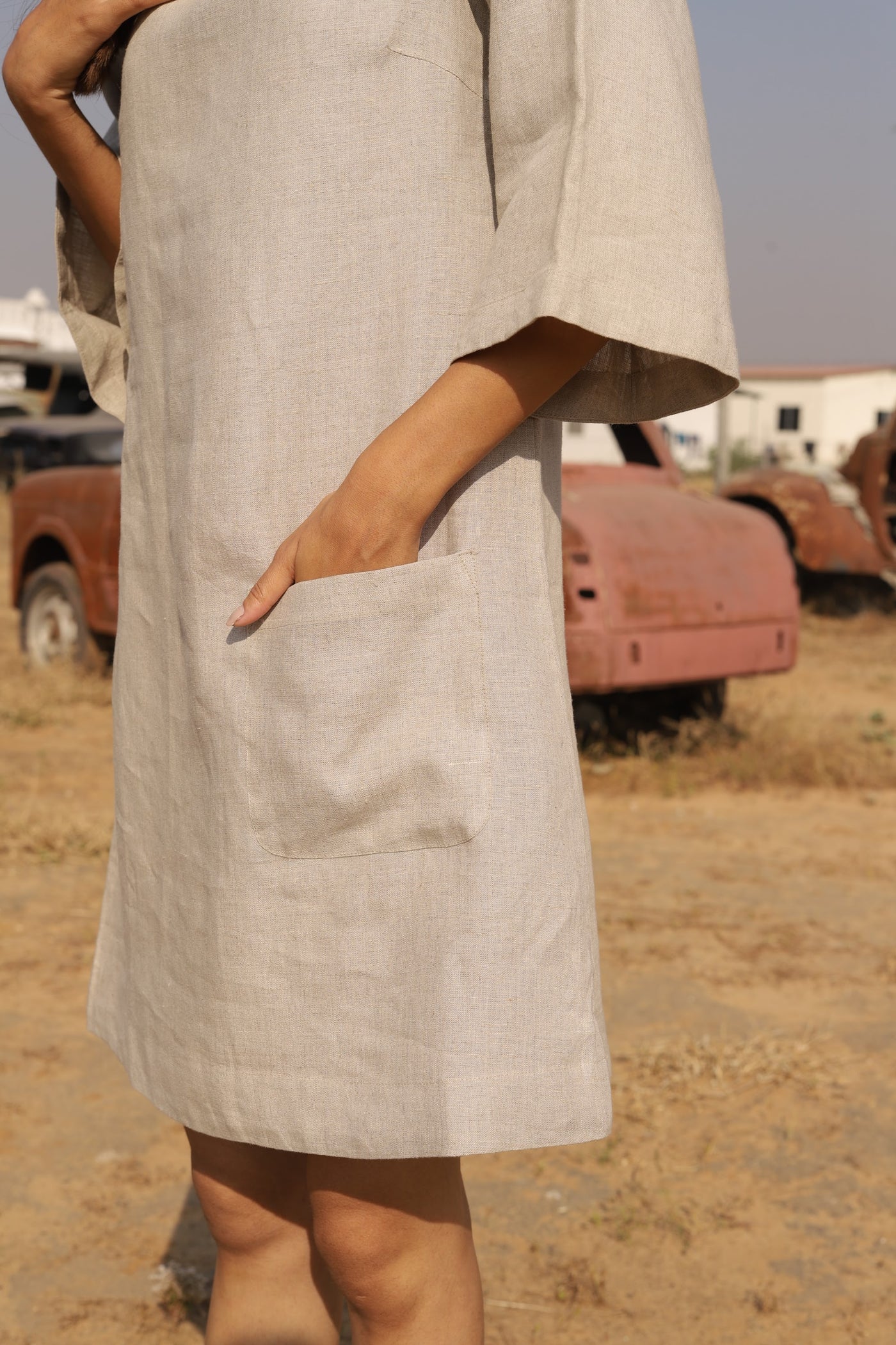 Natural boxy linen shift in washed linen, photographed in Jaipur