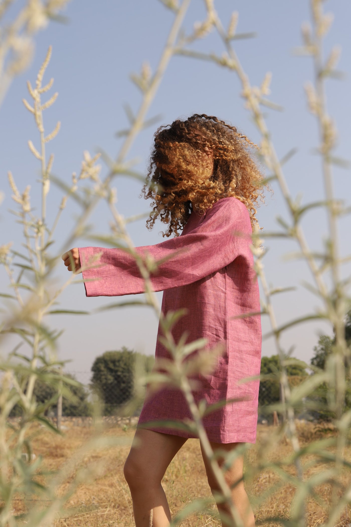 Rose oversized linen shift in washed linen, photographed in Jaipur