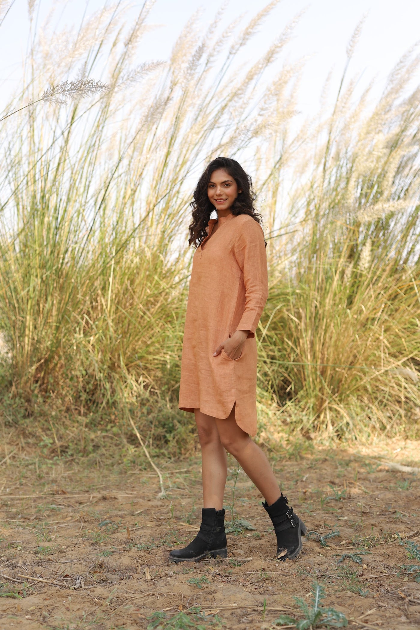 Terracotta long sleeve linen tunic in washed linen, photographed in Jaipur