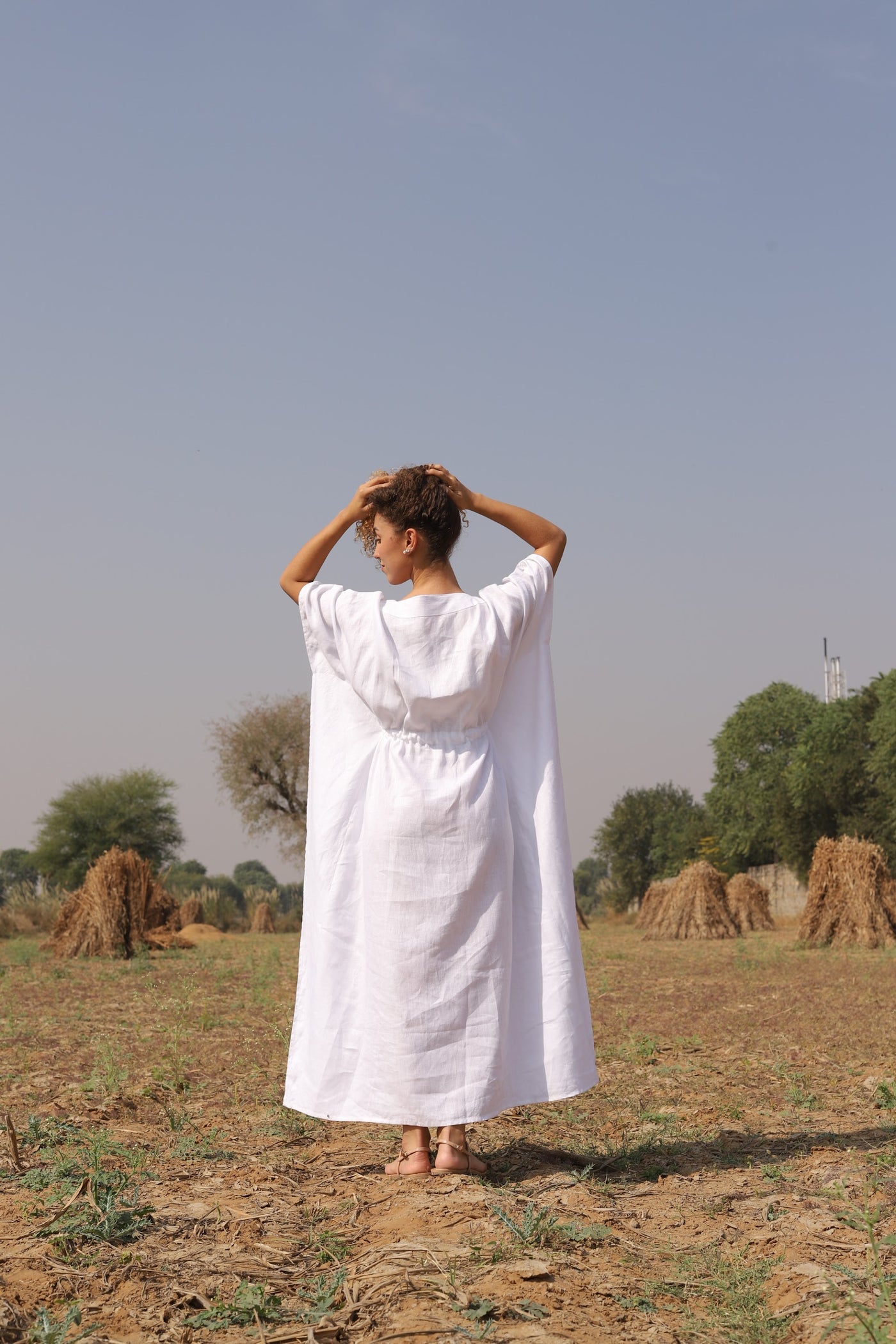 White batwing linen kaftan in washed linen, photographed in Jaipur