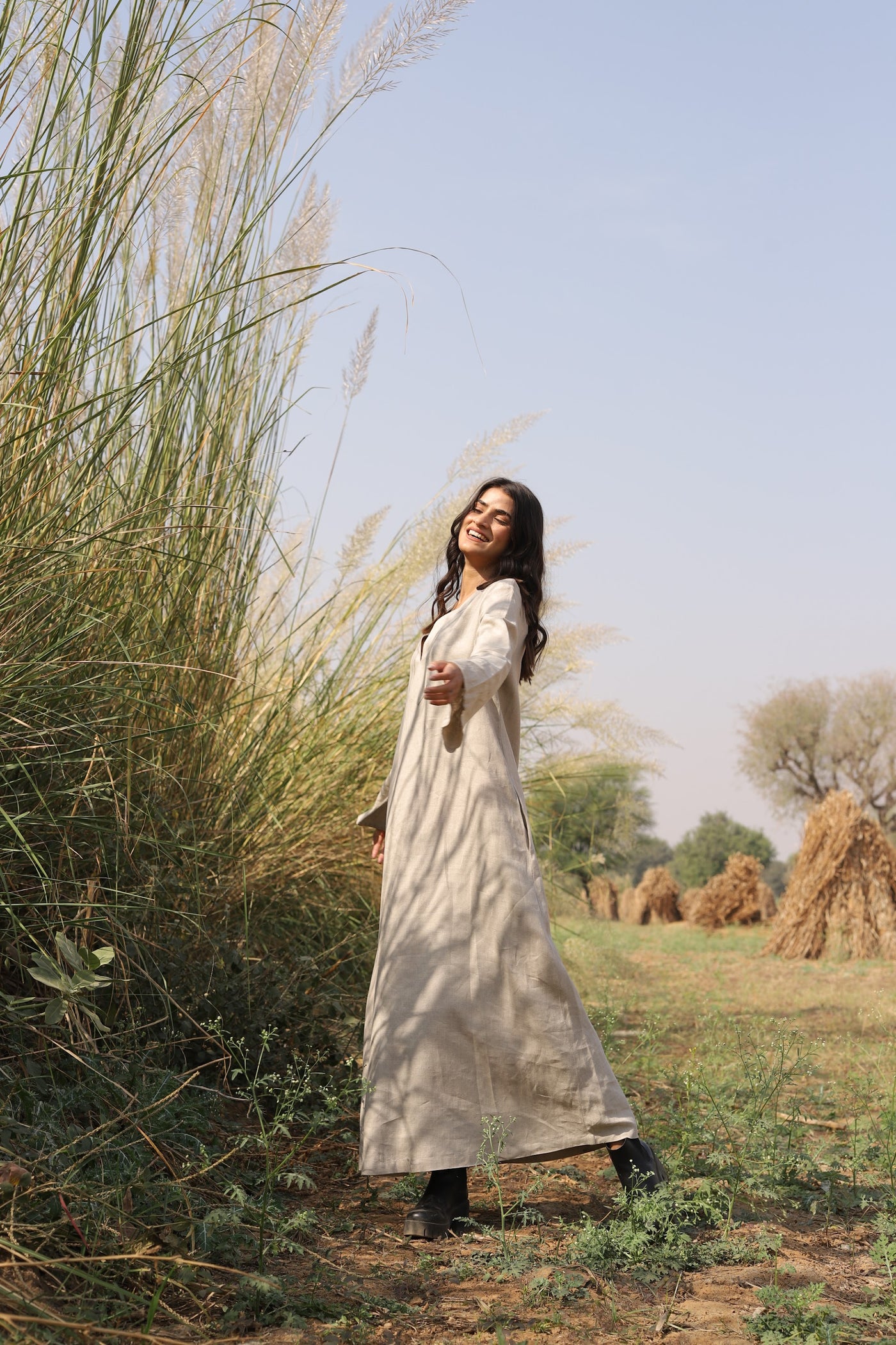 Natural long sleeve linen kaftan in washed linen, photographed in Jaipur