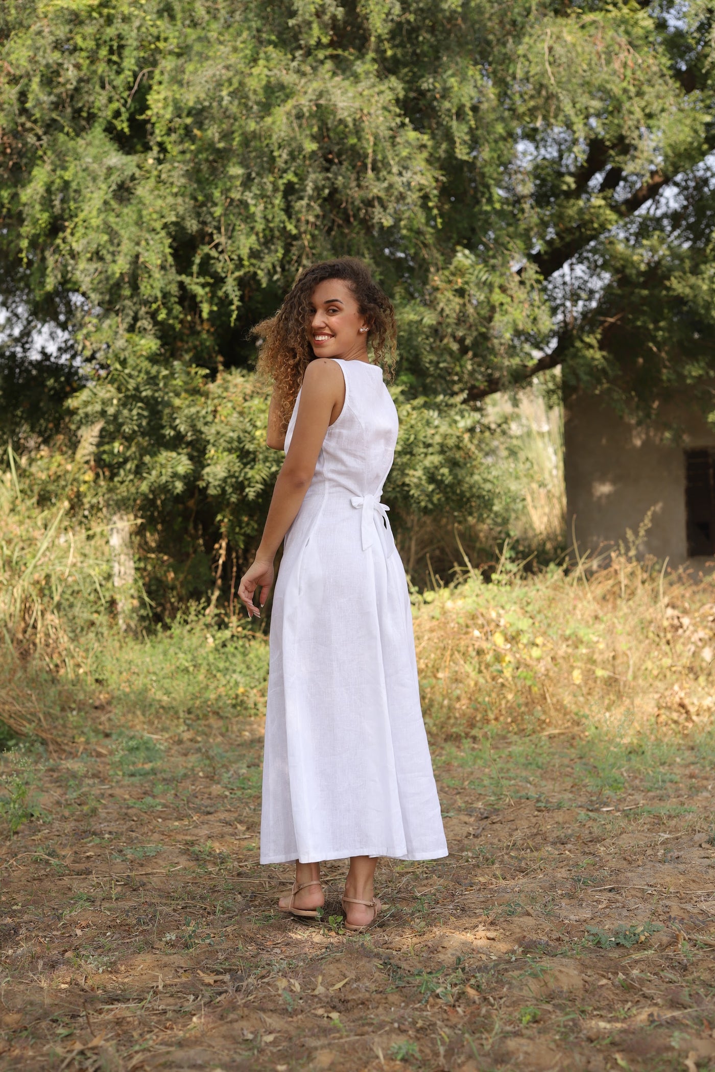 White button front linen midi in washed linen, photographed in Jaipur