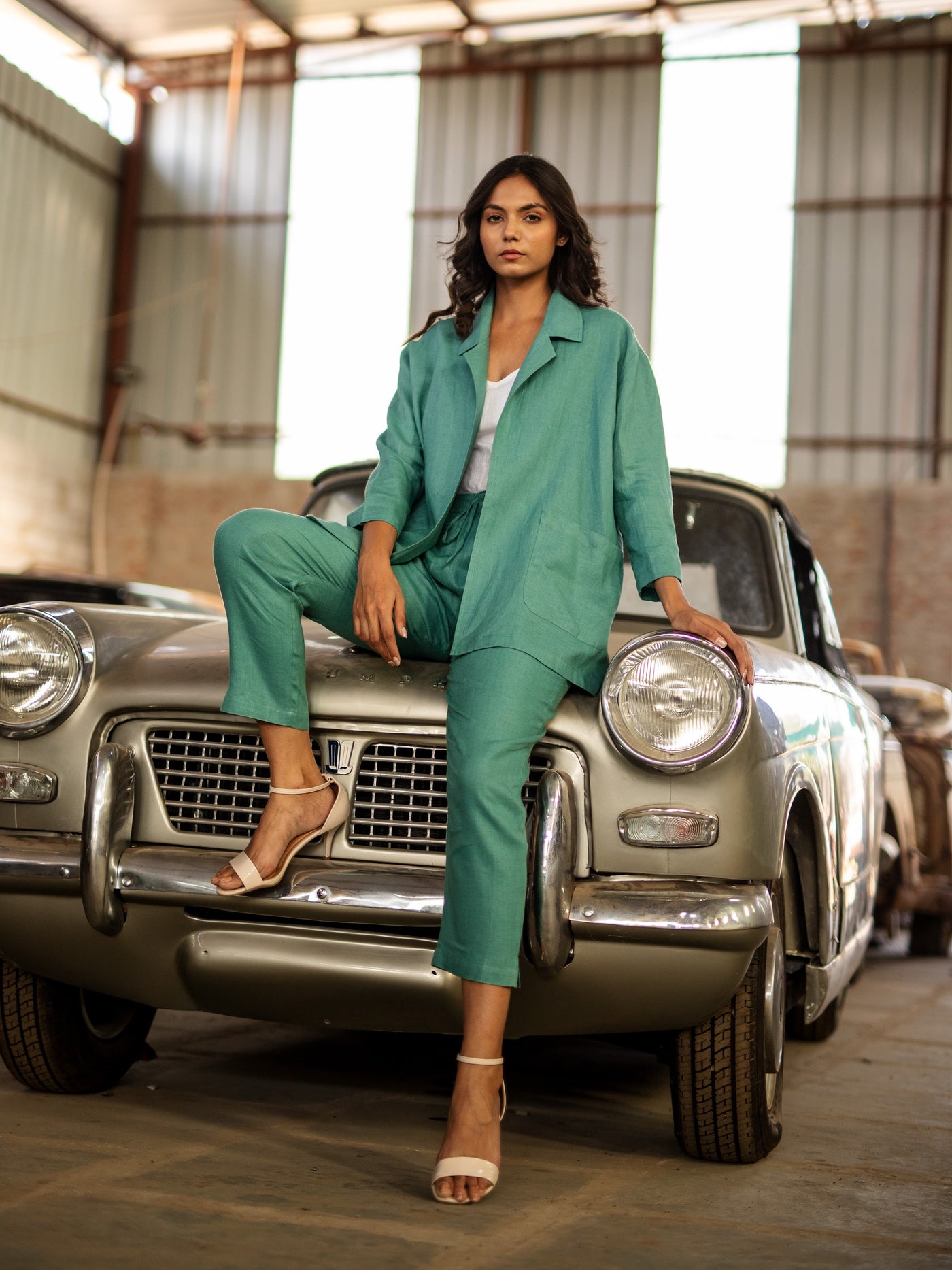 Sea Green linen shirt and trouser set in washed linen, photographed in Jaipur