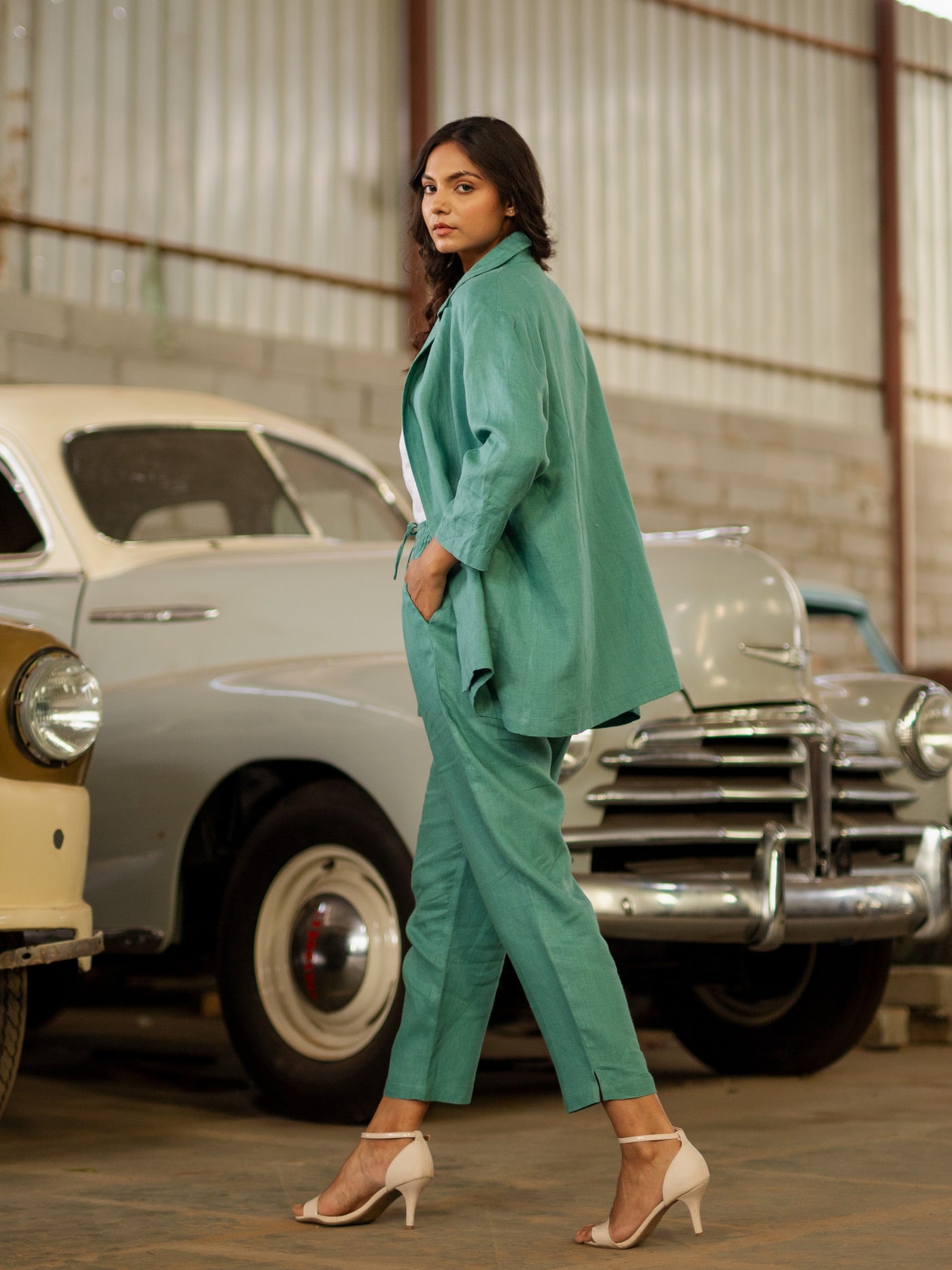 Sea Green linen shirt and trouser set in washed linen, photographed in Jaipur