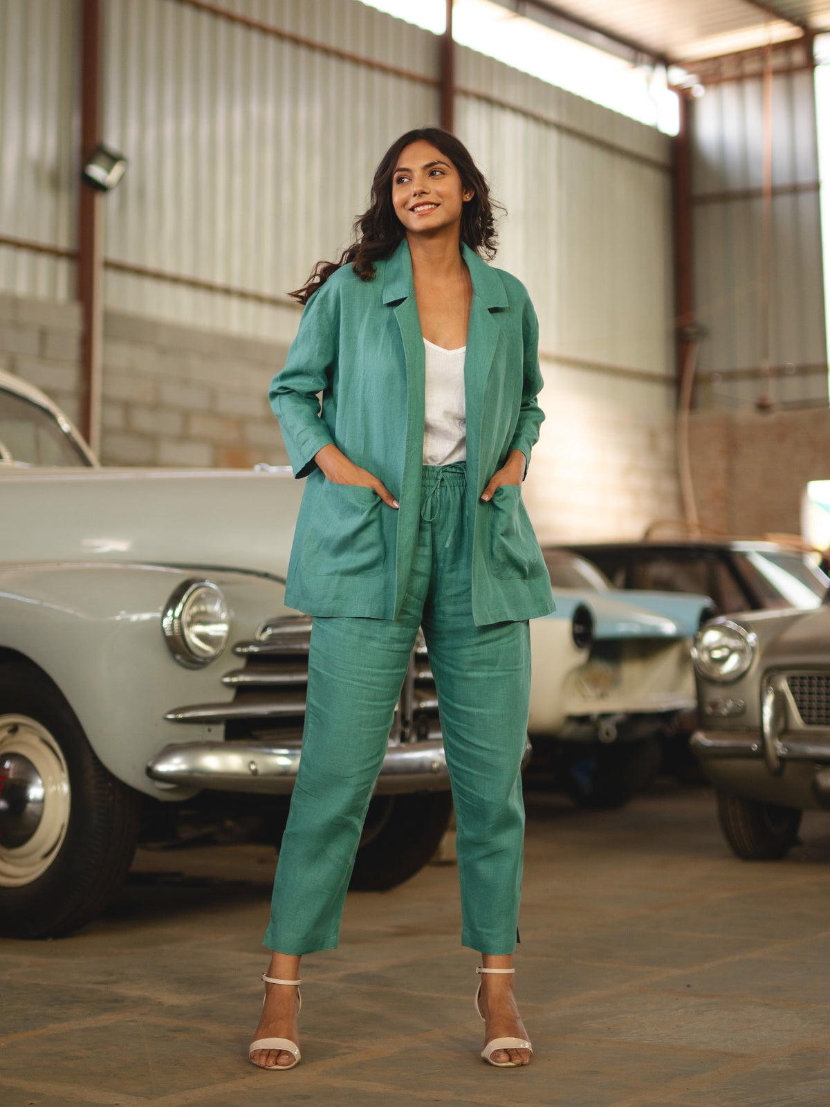 Sea Green linen shirt and trouser set in washed linen, photographed in Jaipur