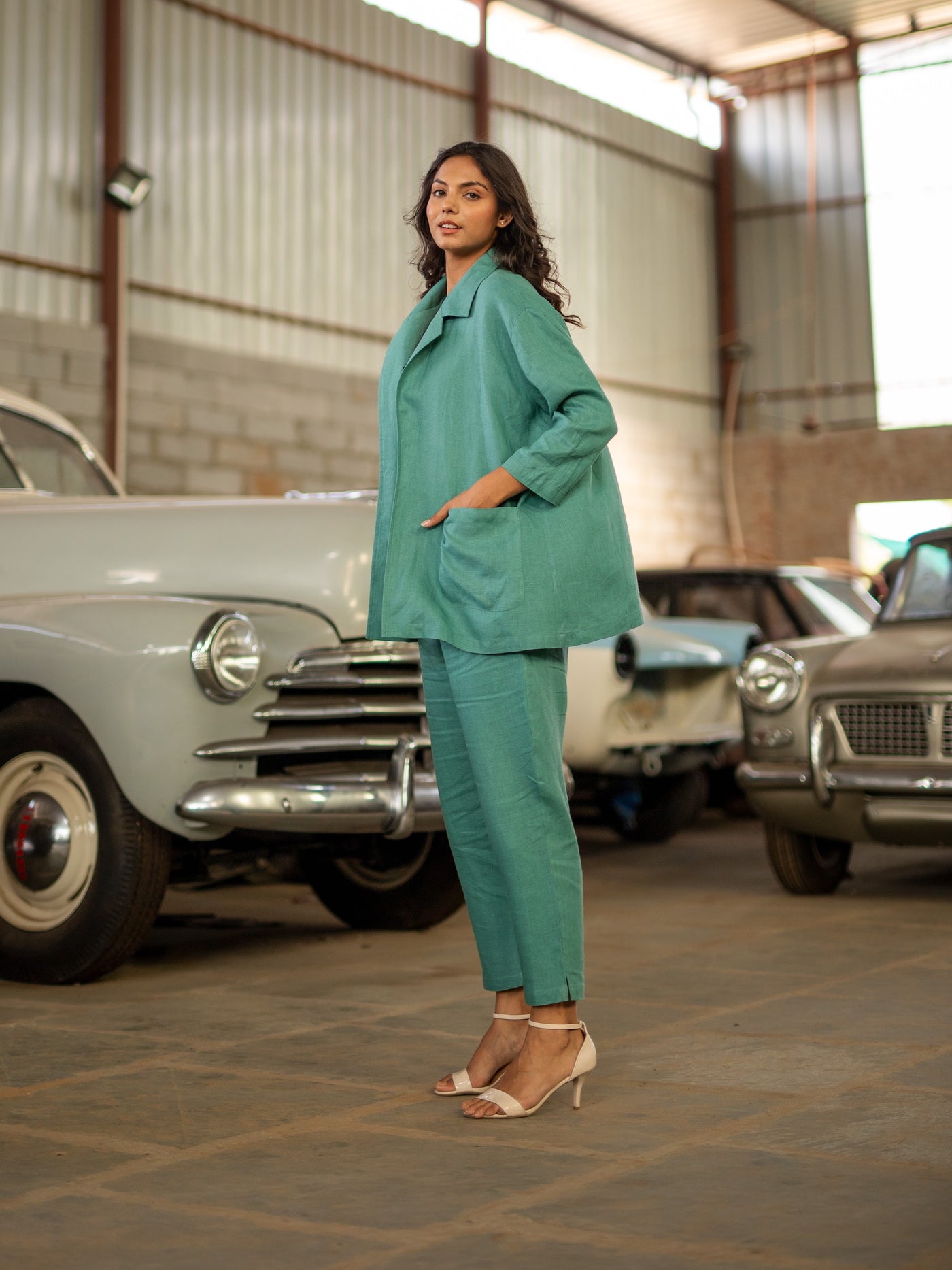 Sea Green linen shirt and trouser set in washed linen, photographed in Jaipur