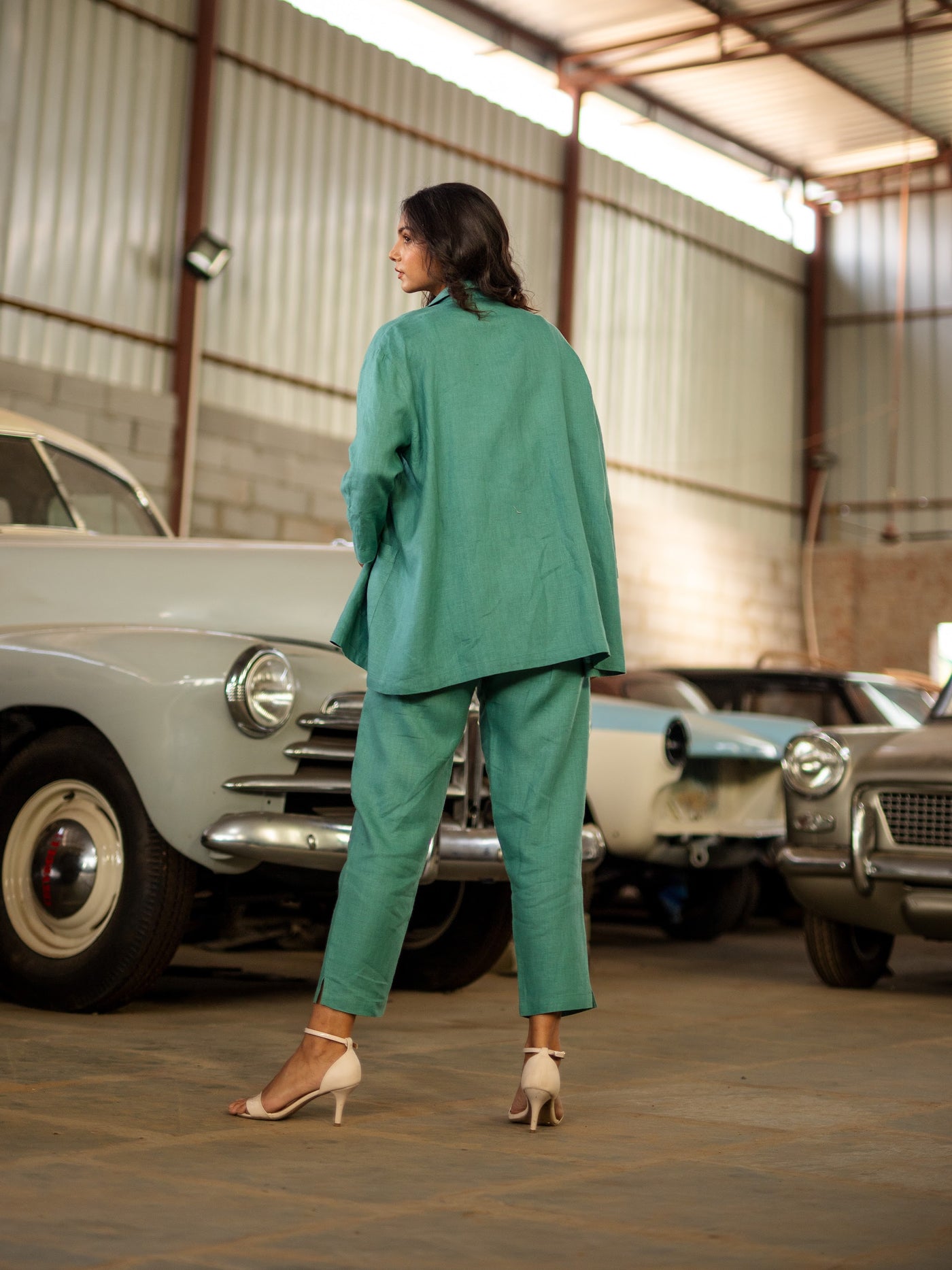 Sea Green linen shirt and trouser set in washed linen, photographed in Jaipur