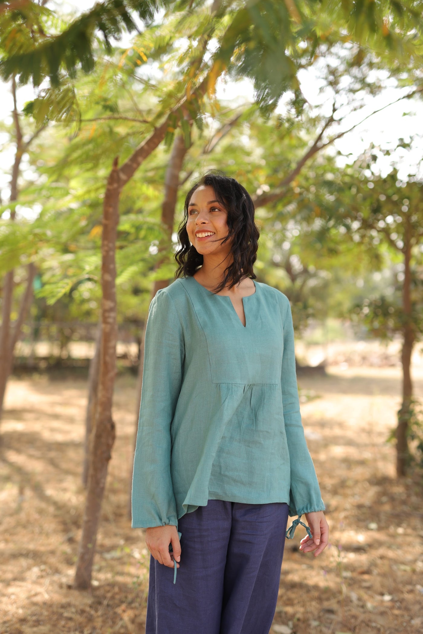 Sea Green linen tunic and trouser set in washed linen, photographed in Jaipur