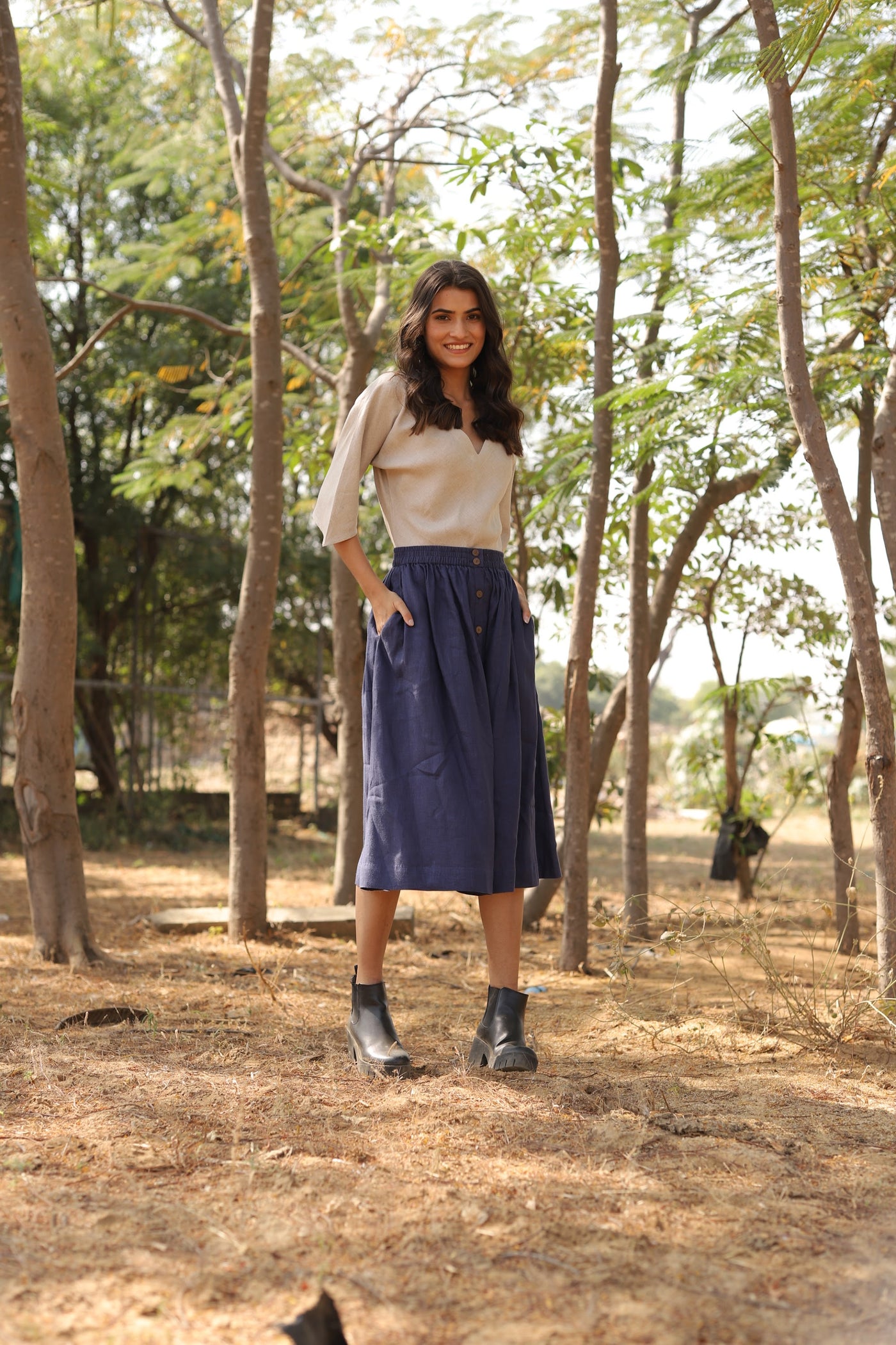 Navy gathered linen midi skirt in washed linen, photographed in Jaipur