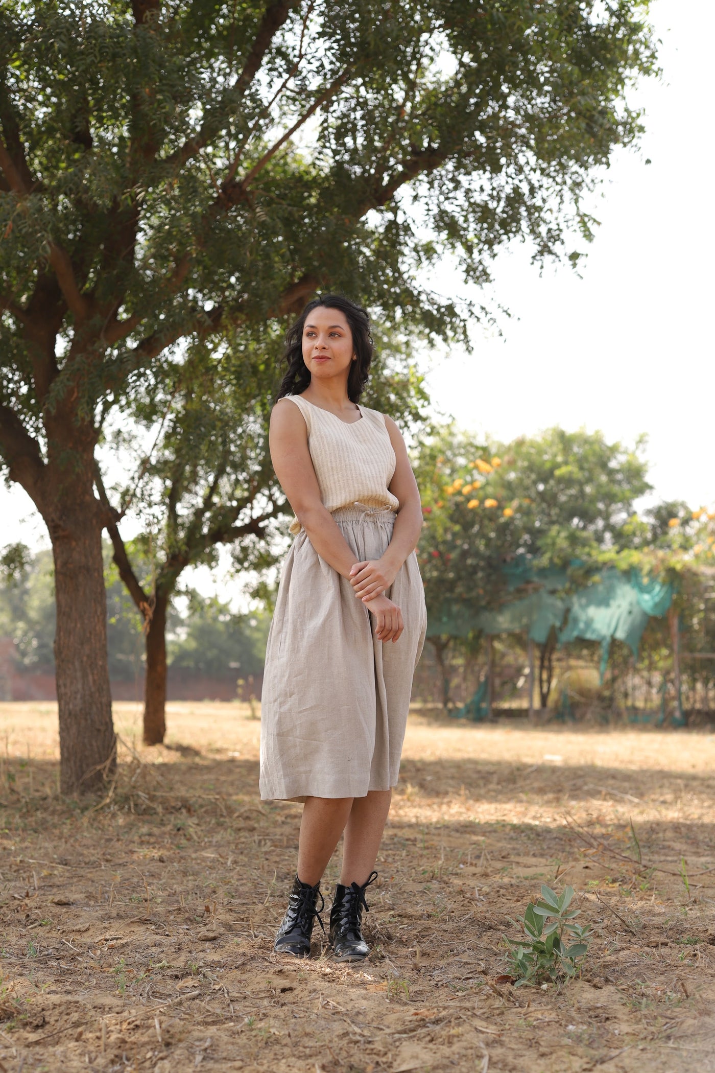 Natural gathered linen midi skirt in washed linen, photographed in Jaipur