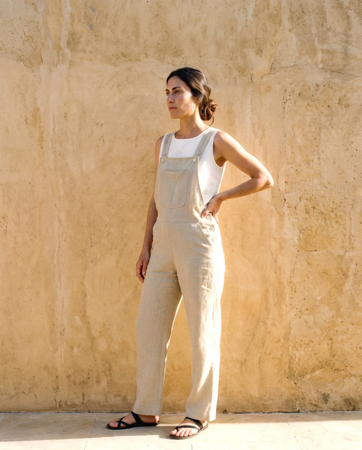 Linen Dungarees, in Stone