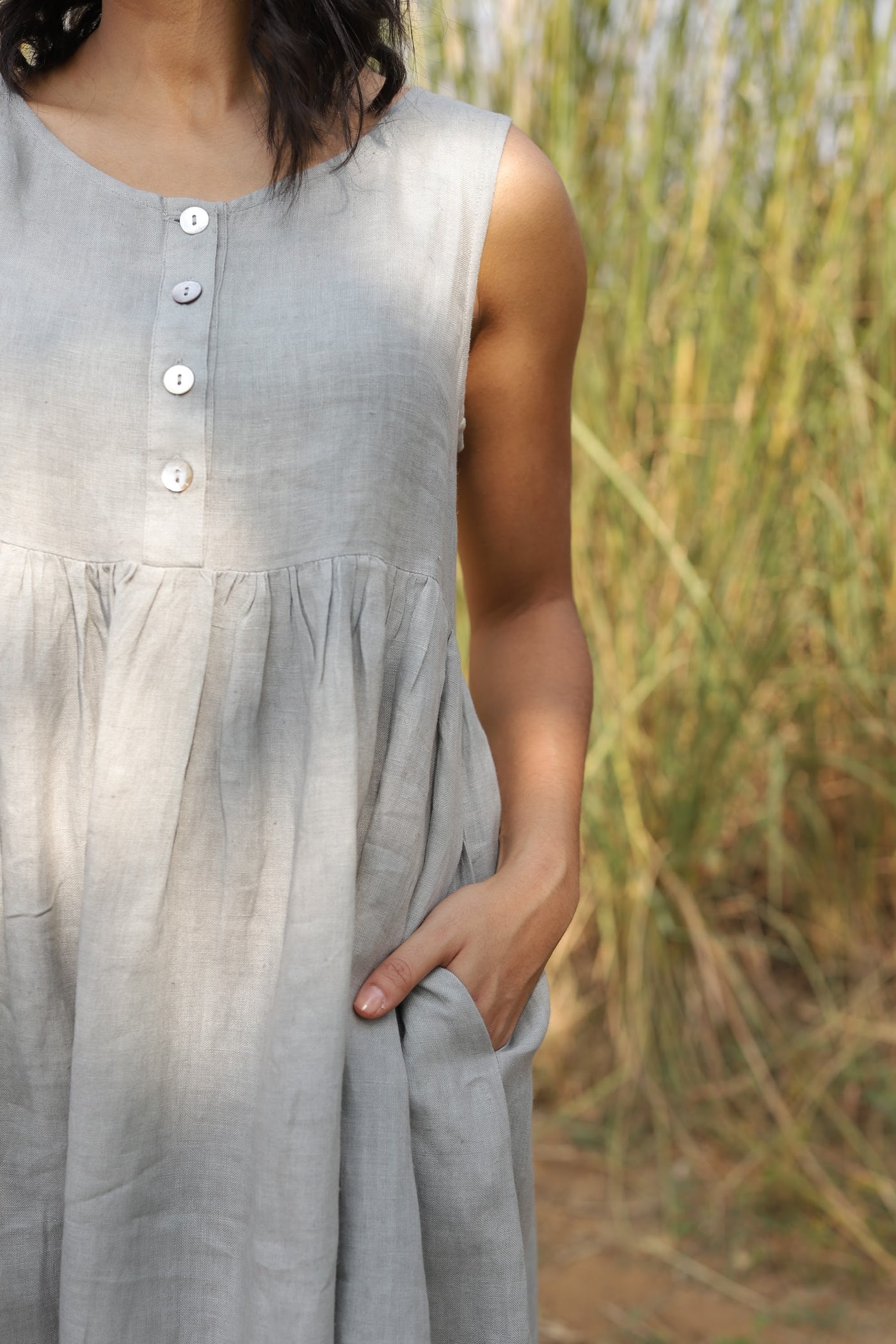 Pale Grey button front gathered midi in washed linen, photographed in Jaipur