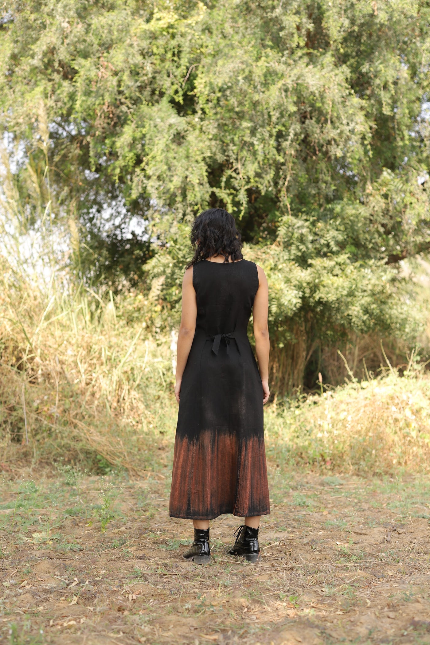 Black button front linen midi in washed linen, photographed in Jaipur