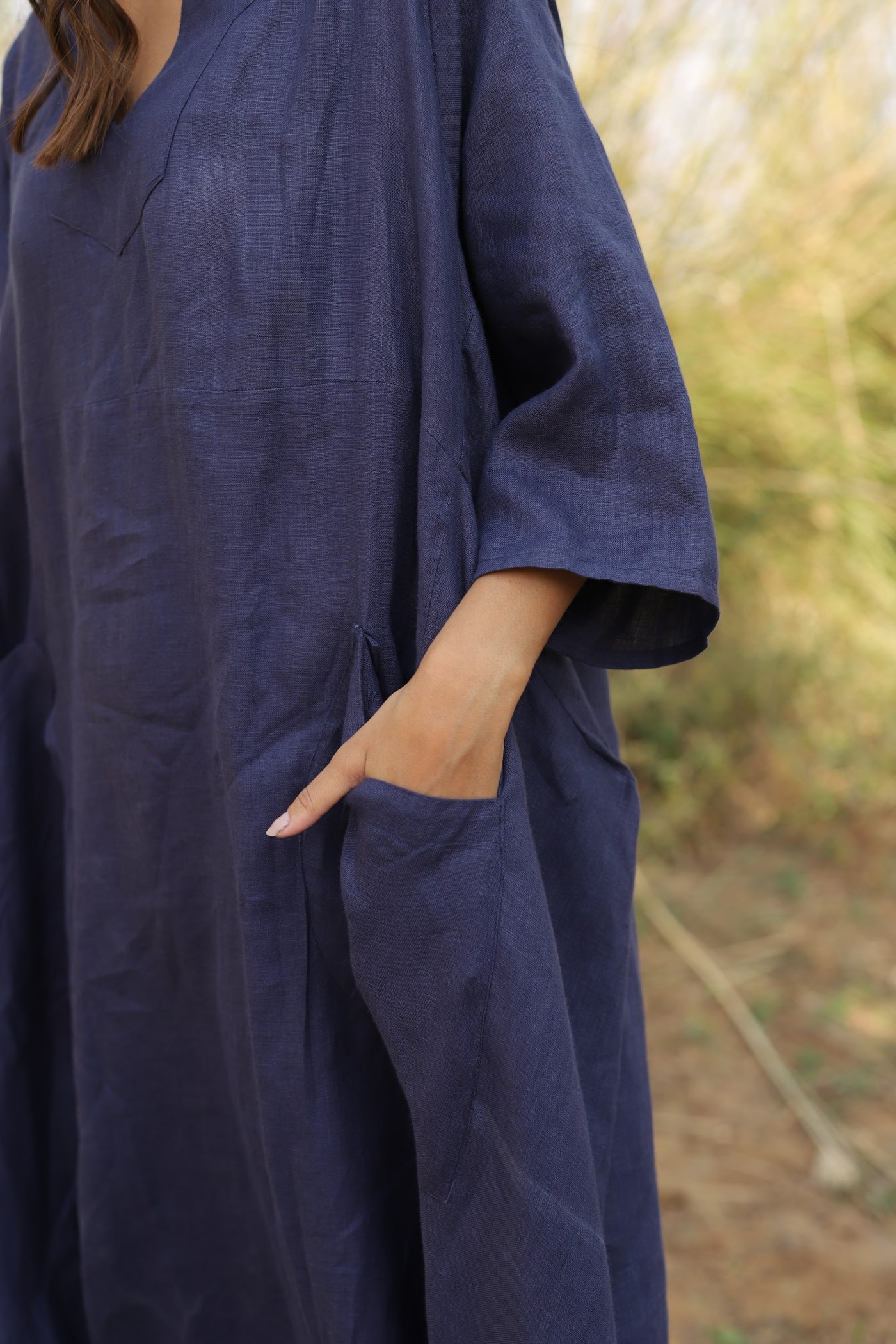 Navy batwing linen kaftan in washed linen, photographed in Jaipur