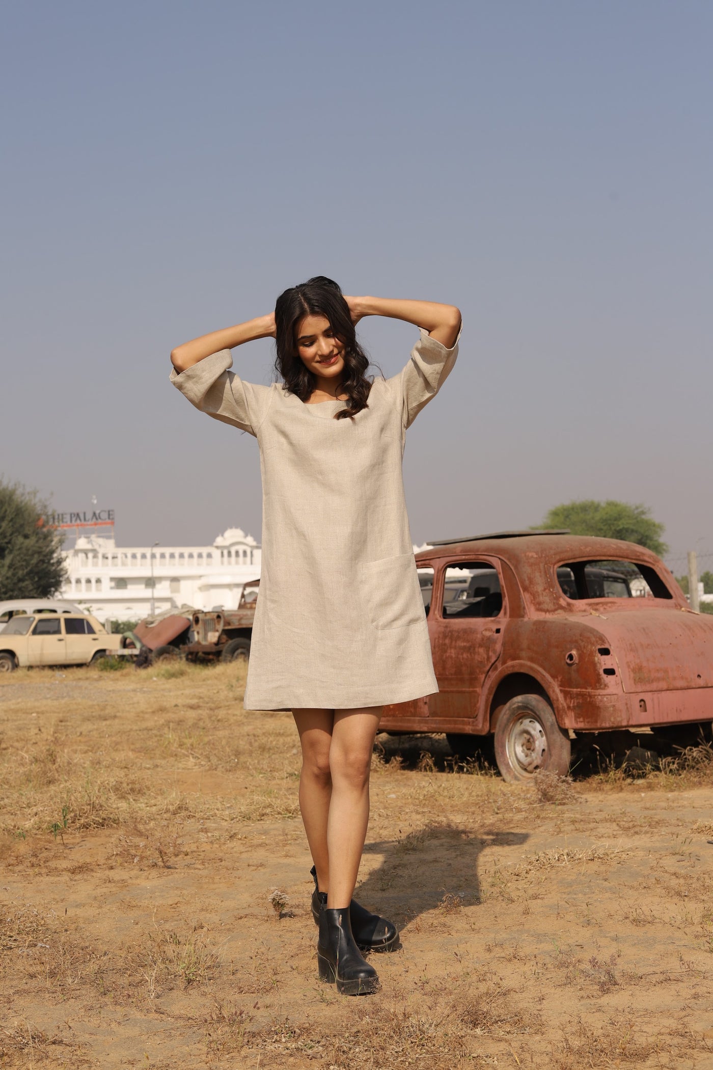 Natural boxy linen shift in washed linen, photographed in Jaipur