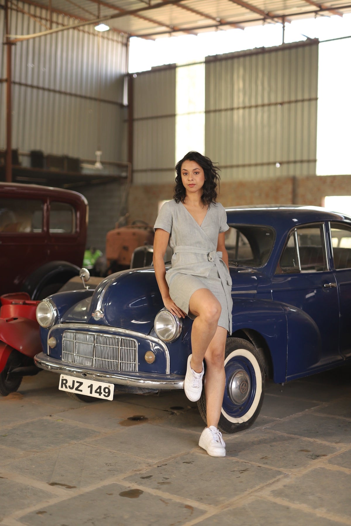 Grey linen playsuit in washed linen, photographed in Jaipur