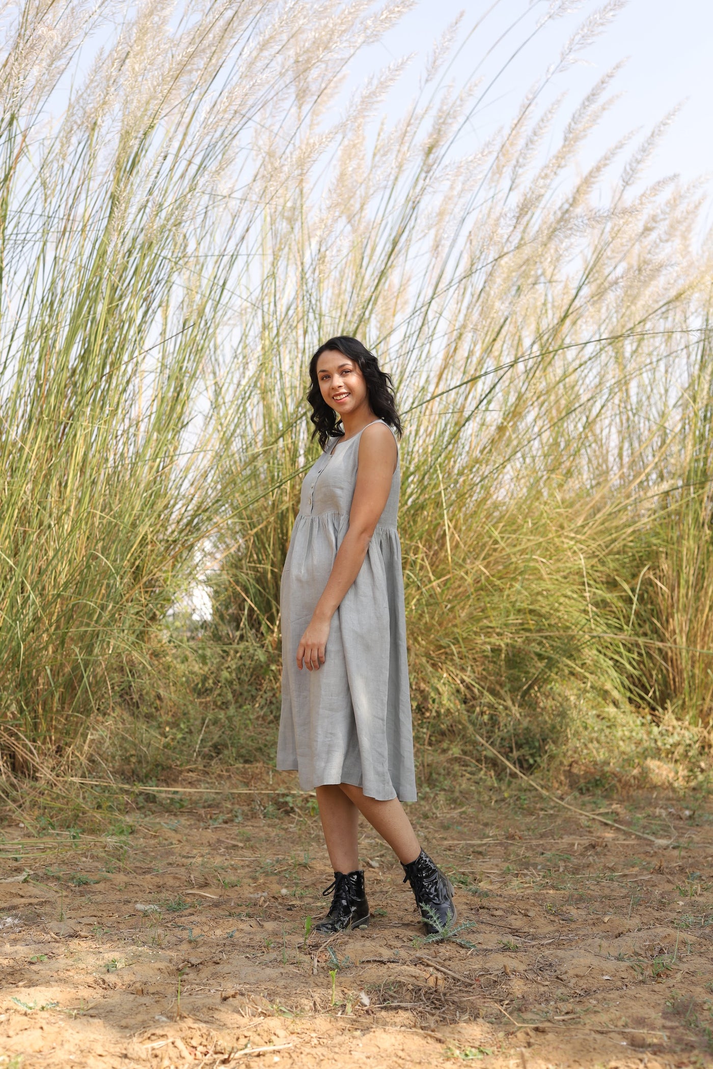 Pale Grey button front gathered midi in washed linen, photographed in Jaipur