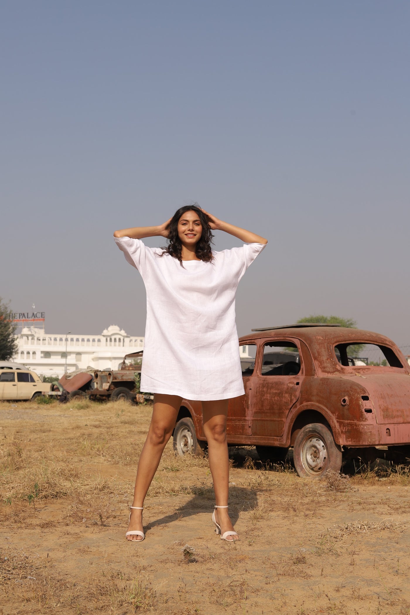 White oversized linen shift in washed linen, photographed in Jaipur