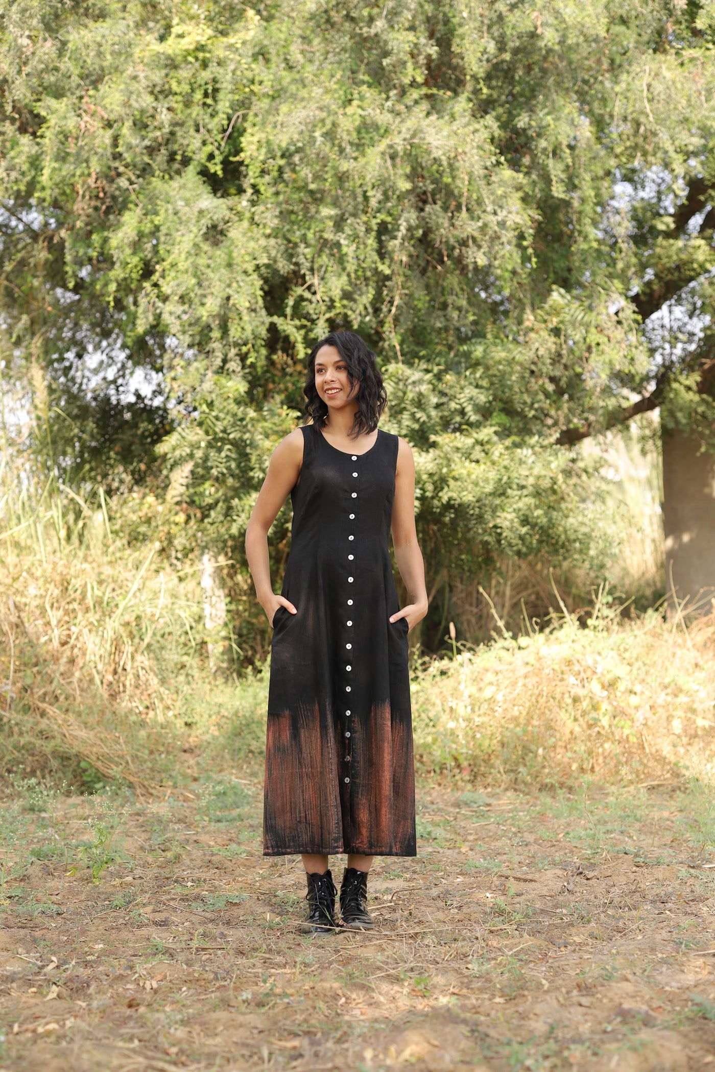 Black button front linen midi in washed linen, photographed in Jaipur