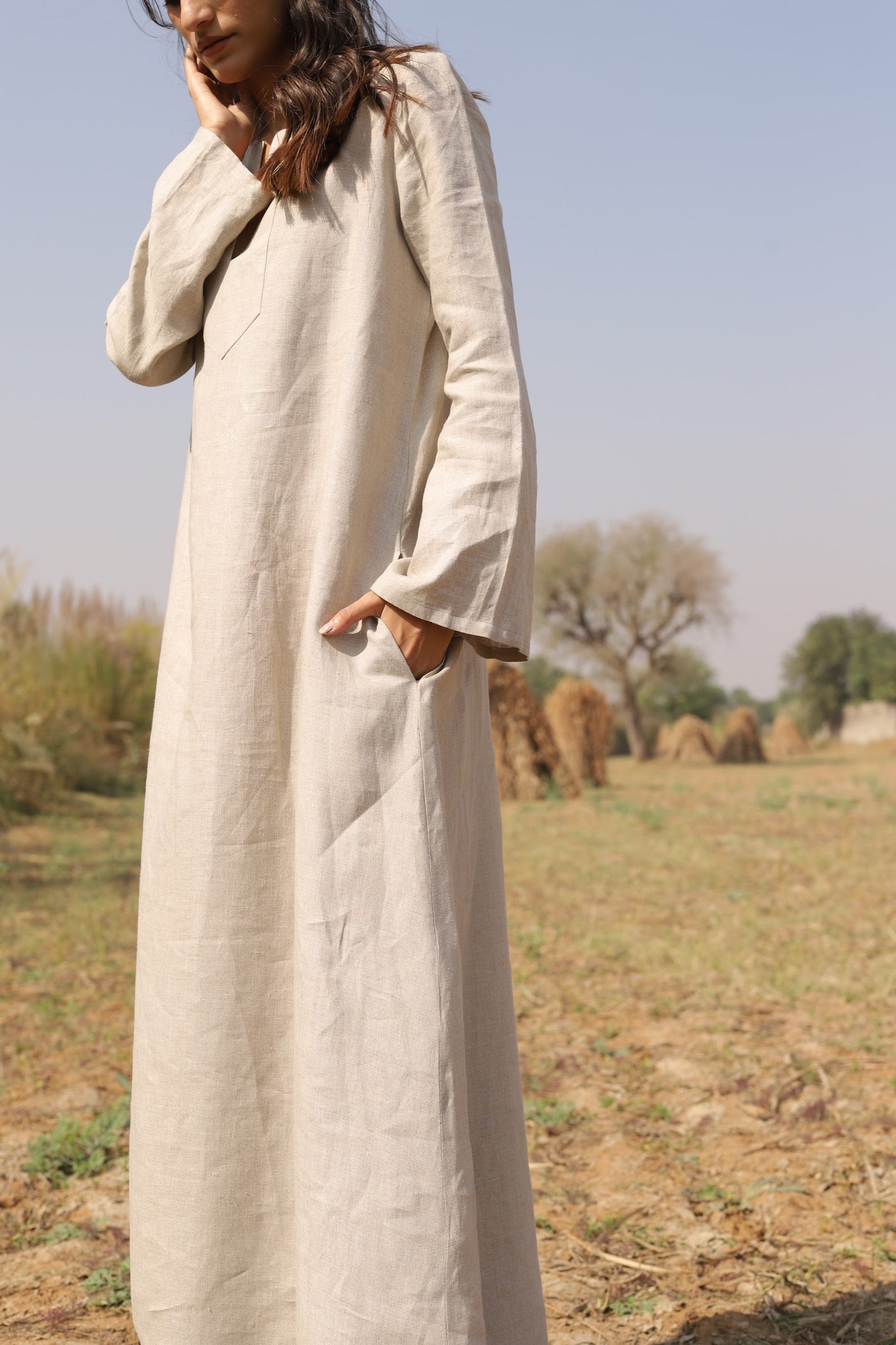 Natural long sleeve linen kaftan in washed linen, photographed in Jaipur