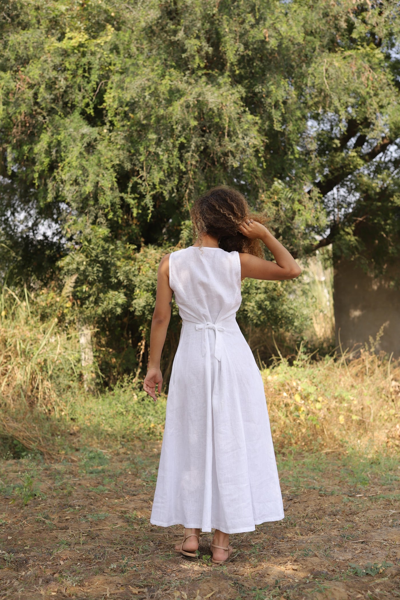 White button front linen midi in washed linen, photographed in Jaipur