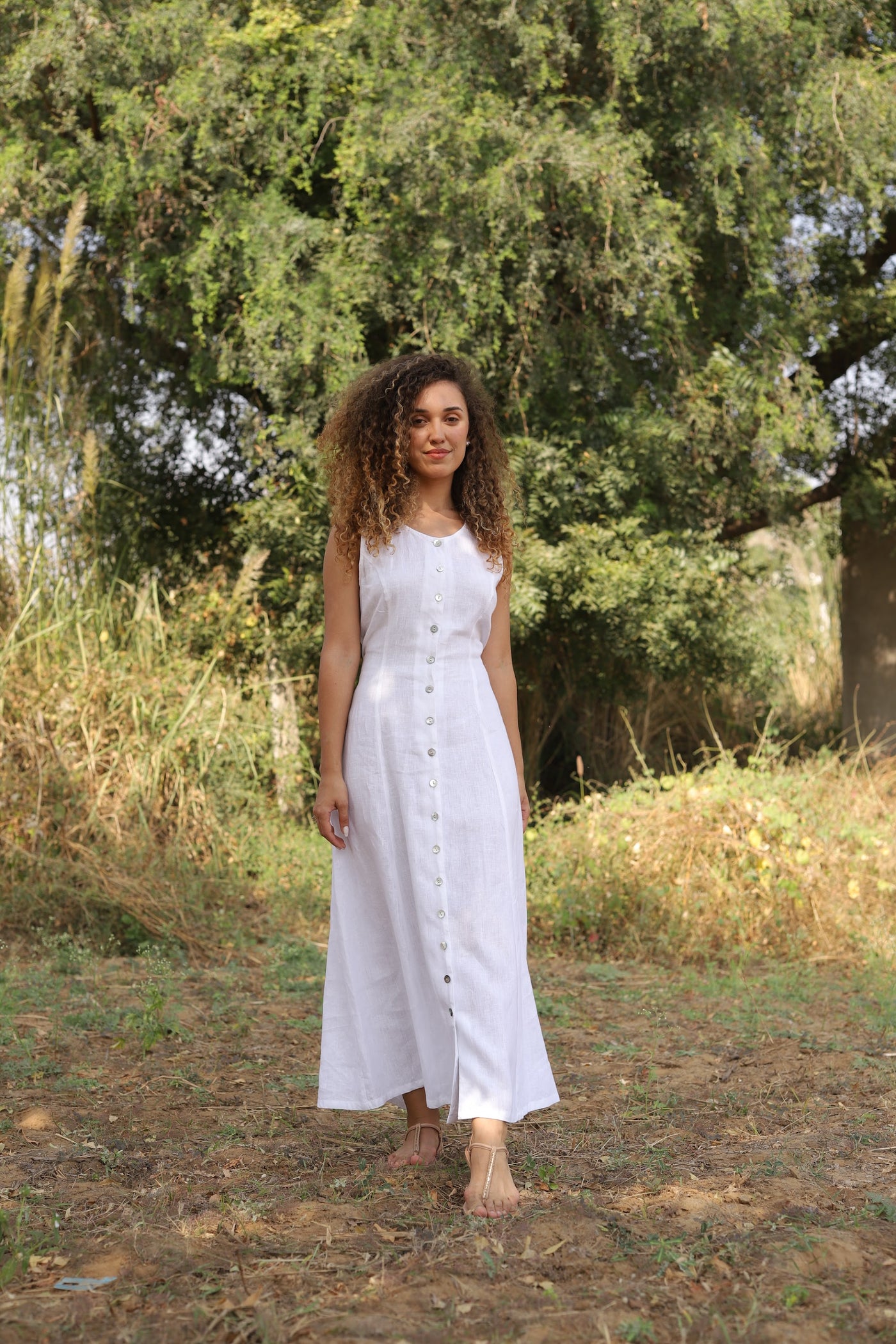 White button front linen midi in washed linen, photographed in Jaipur