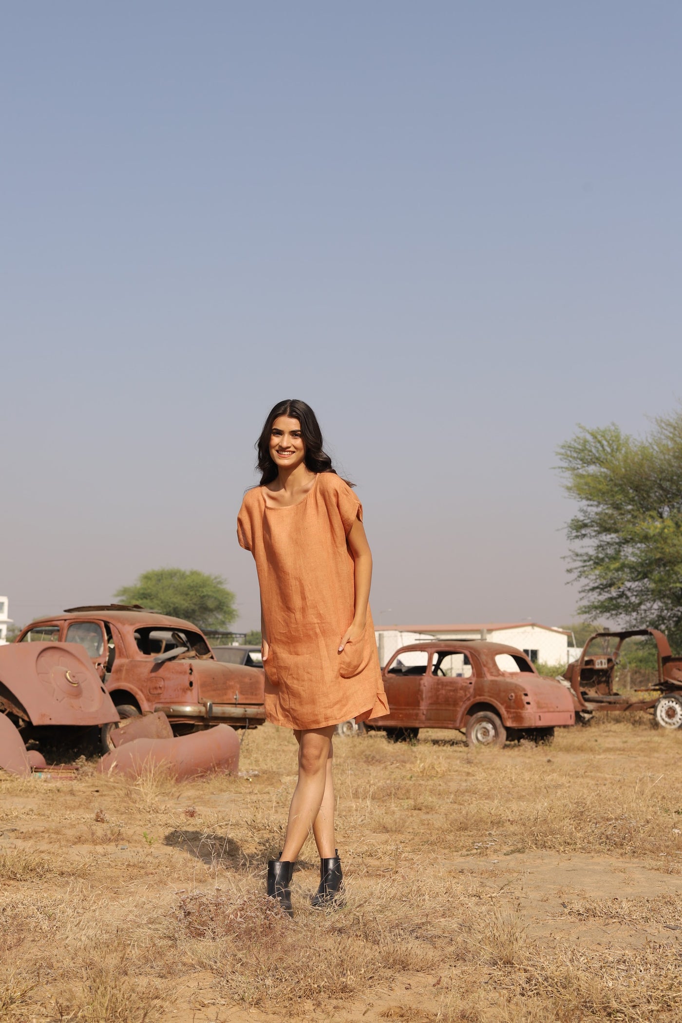 Apricot boxy linen shift in washed linen, photographed in Jaipur