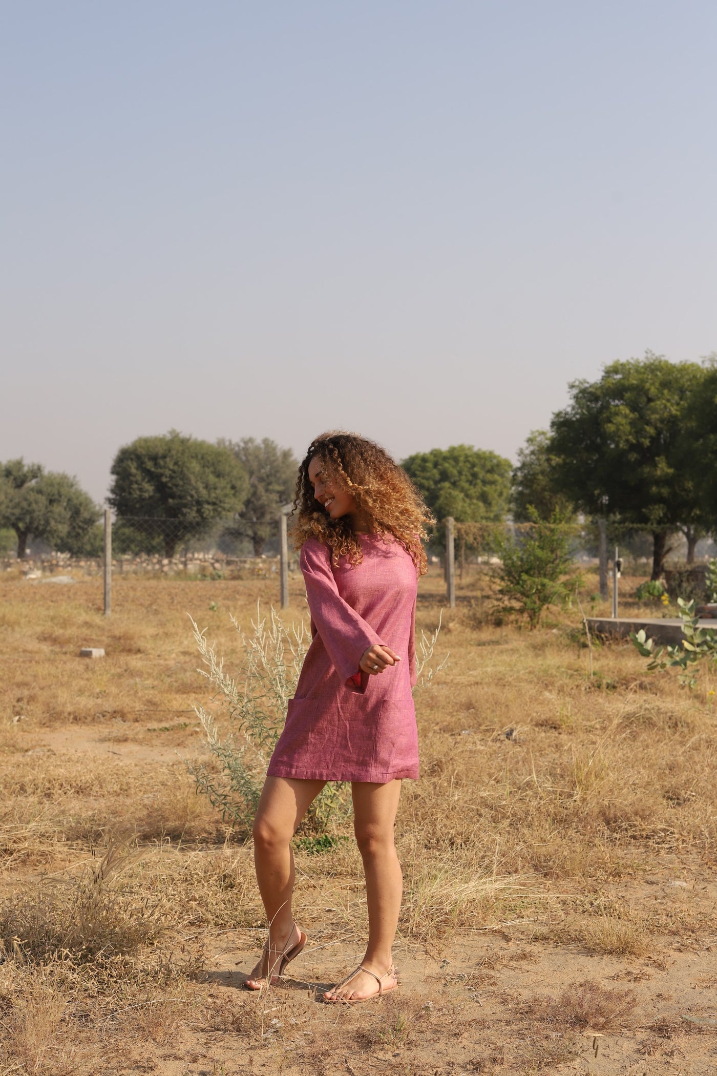 Rose oversized linen shift in washed linen, photographed in Jaipur