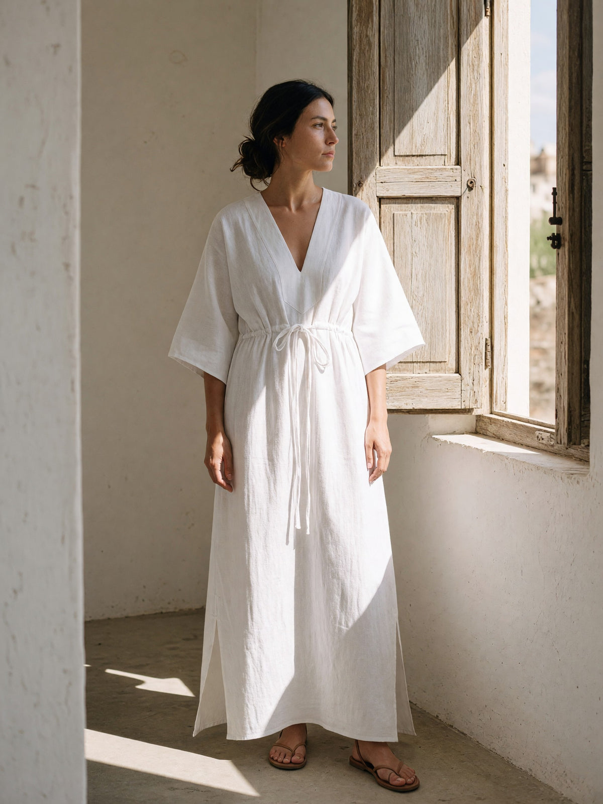 Batwing Linen Kaftan in white, lifestyle