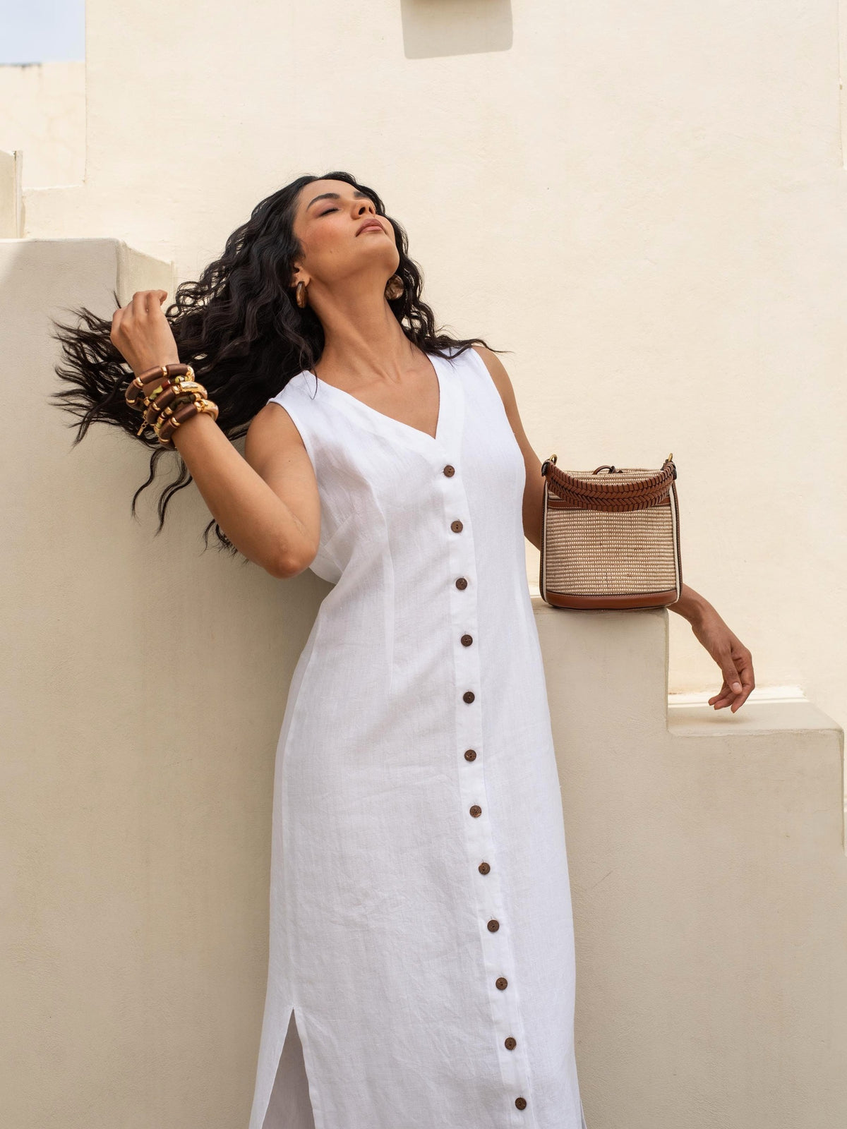 Sleeveless Button Front Maxi in washed linen, Ellementree