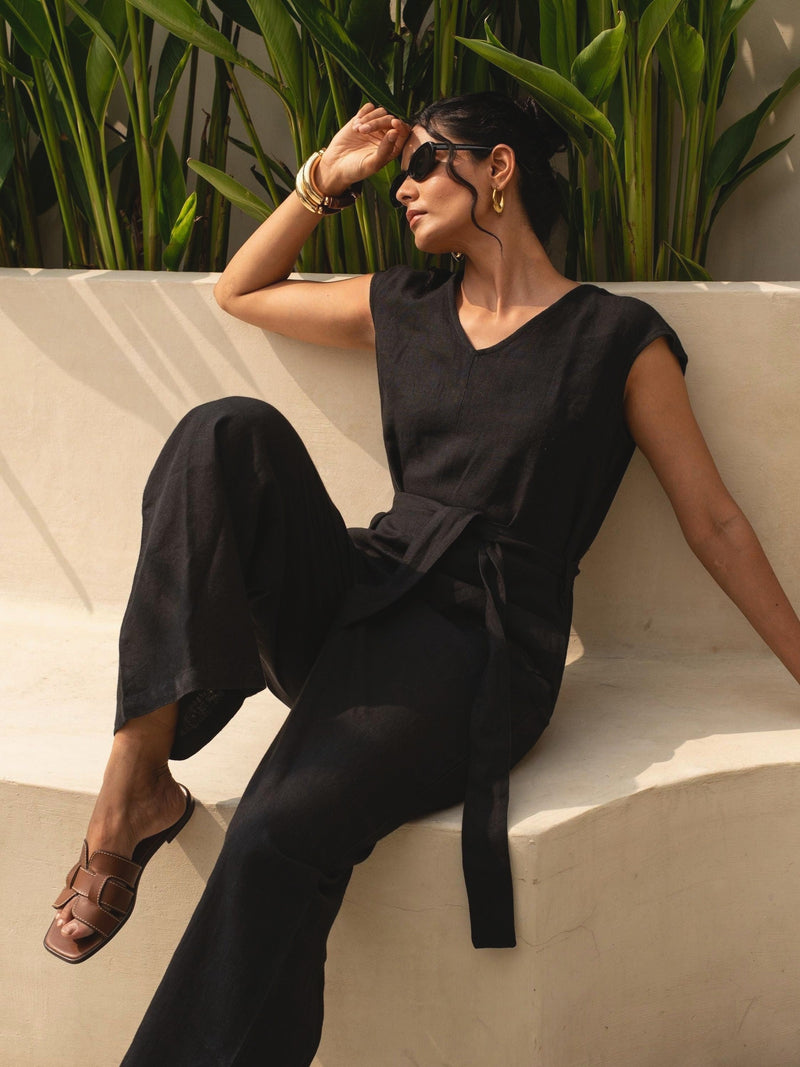 Cap Sleeve Linen Jumpsuit in black washed linen, Ellementree