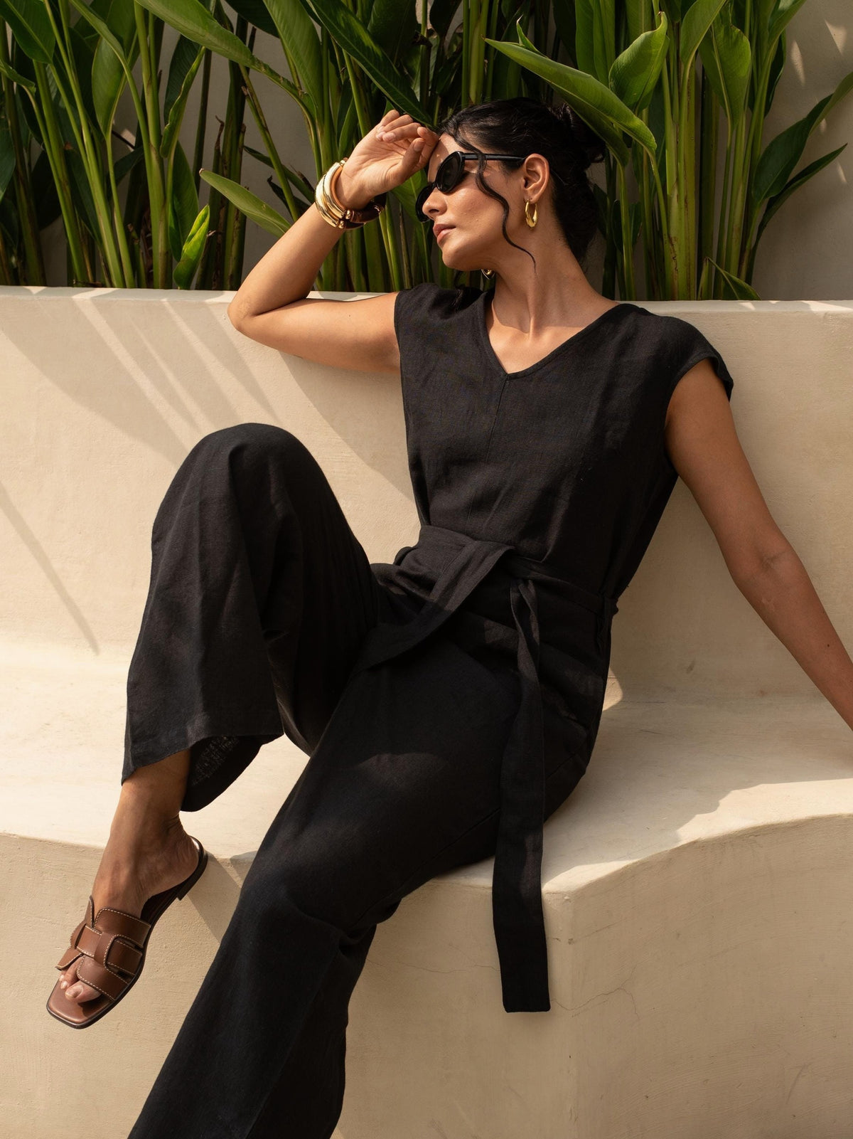 Cap Sleeve Linen Jumpsuit in black washed linen, Ellementree