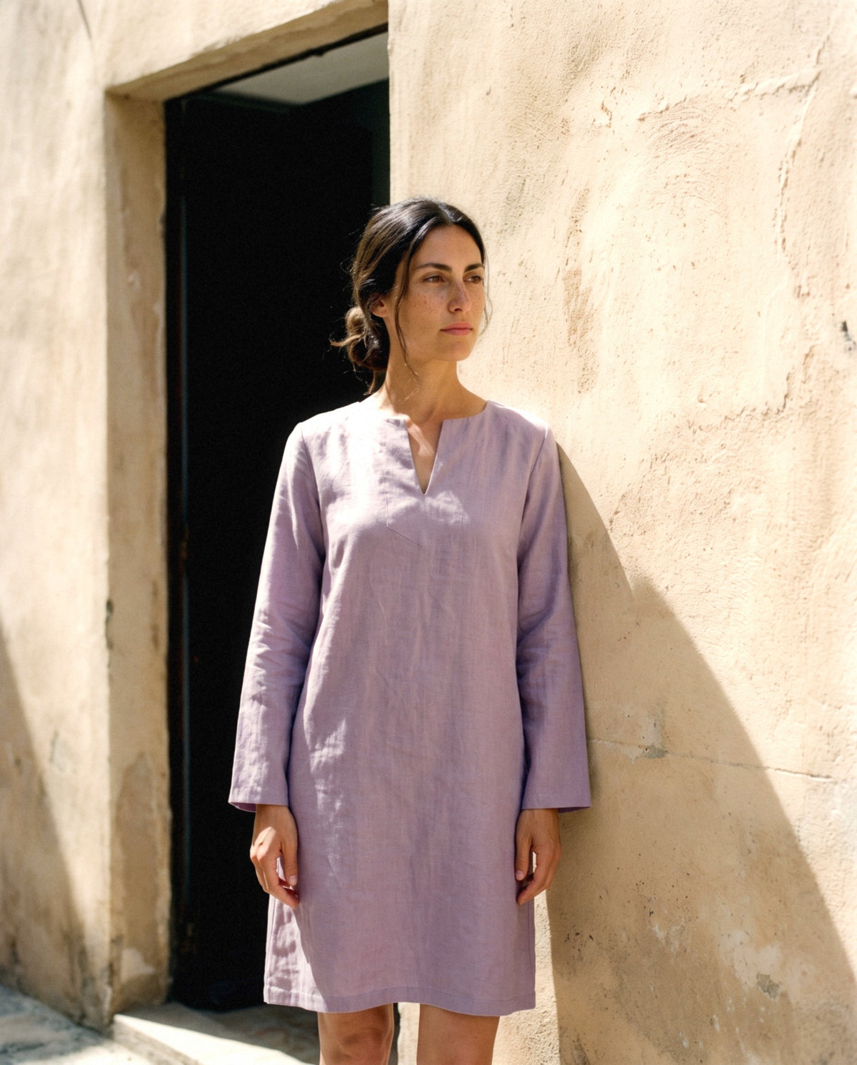 Long Sleeve Linen Shift, worn outdoors