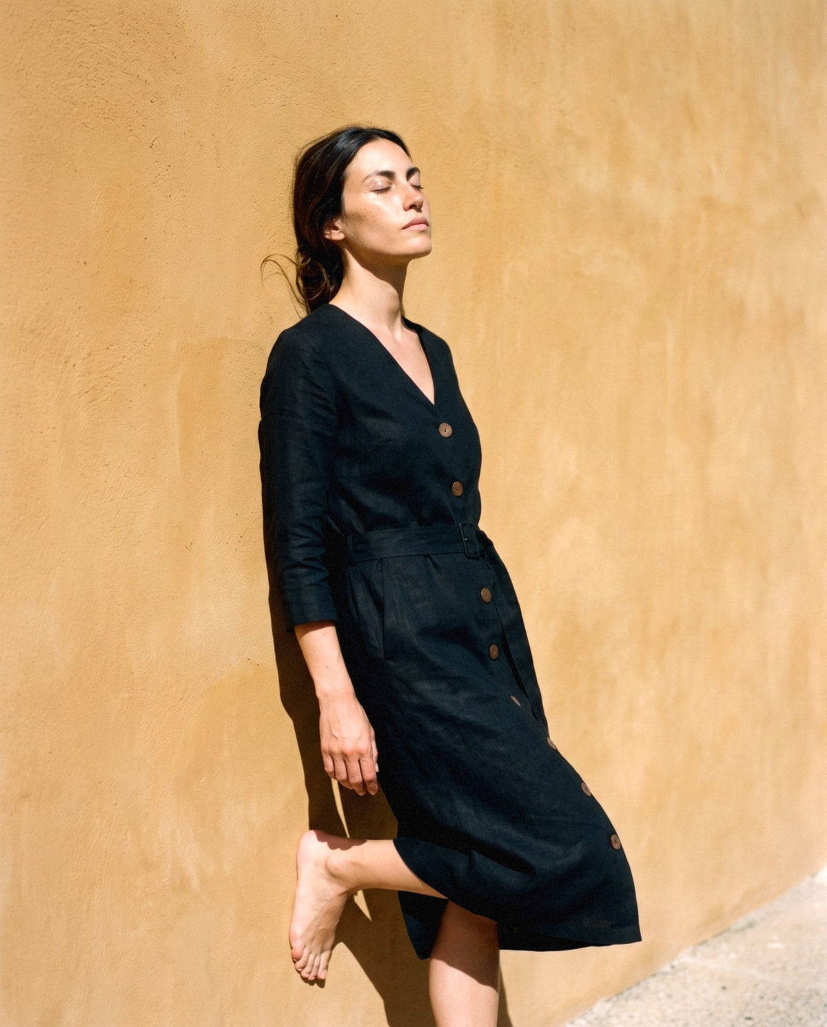 Belted Button Front Midi, worn outdoors