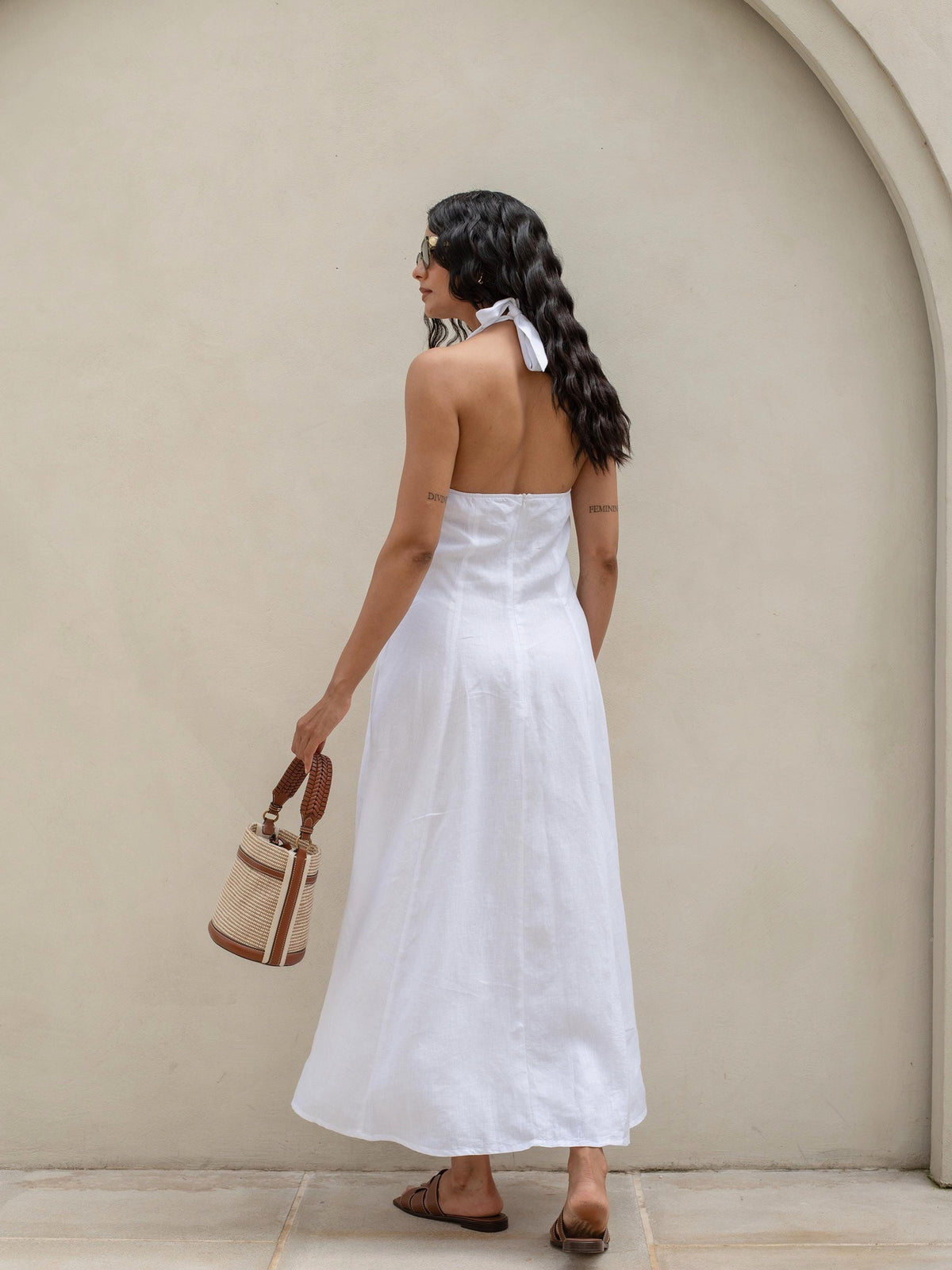 Halter Neck Linen Maxi Dress in washed linen, Ellementree