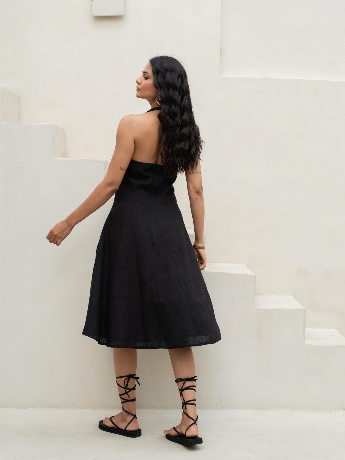 Halter Neck Linen Midi Dress in black washed linen, Ellementree