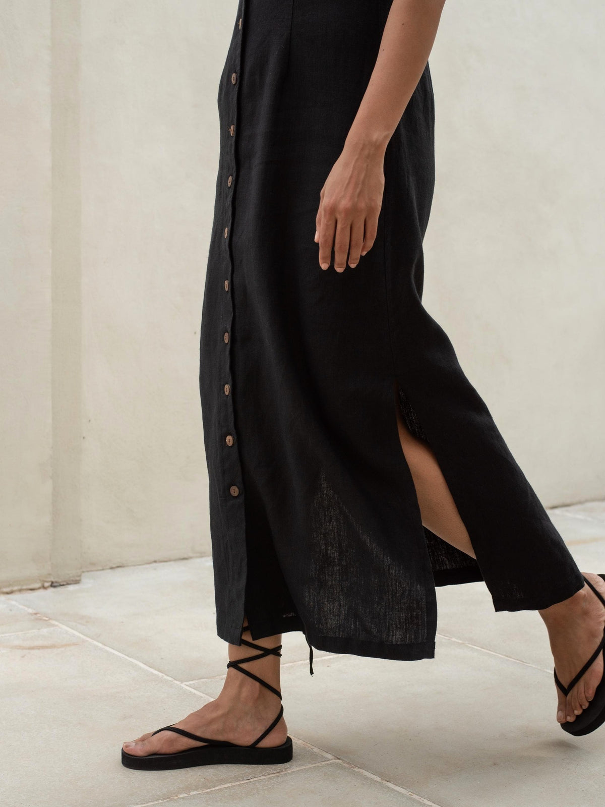 Sleeveless Button Front Maxi in black washed linen, Ellementree
