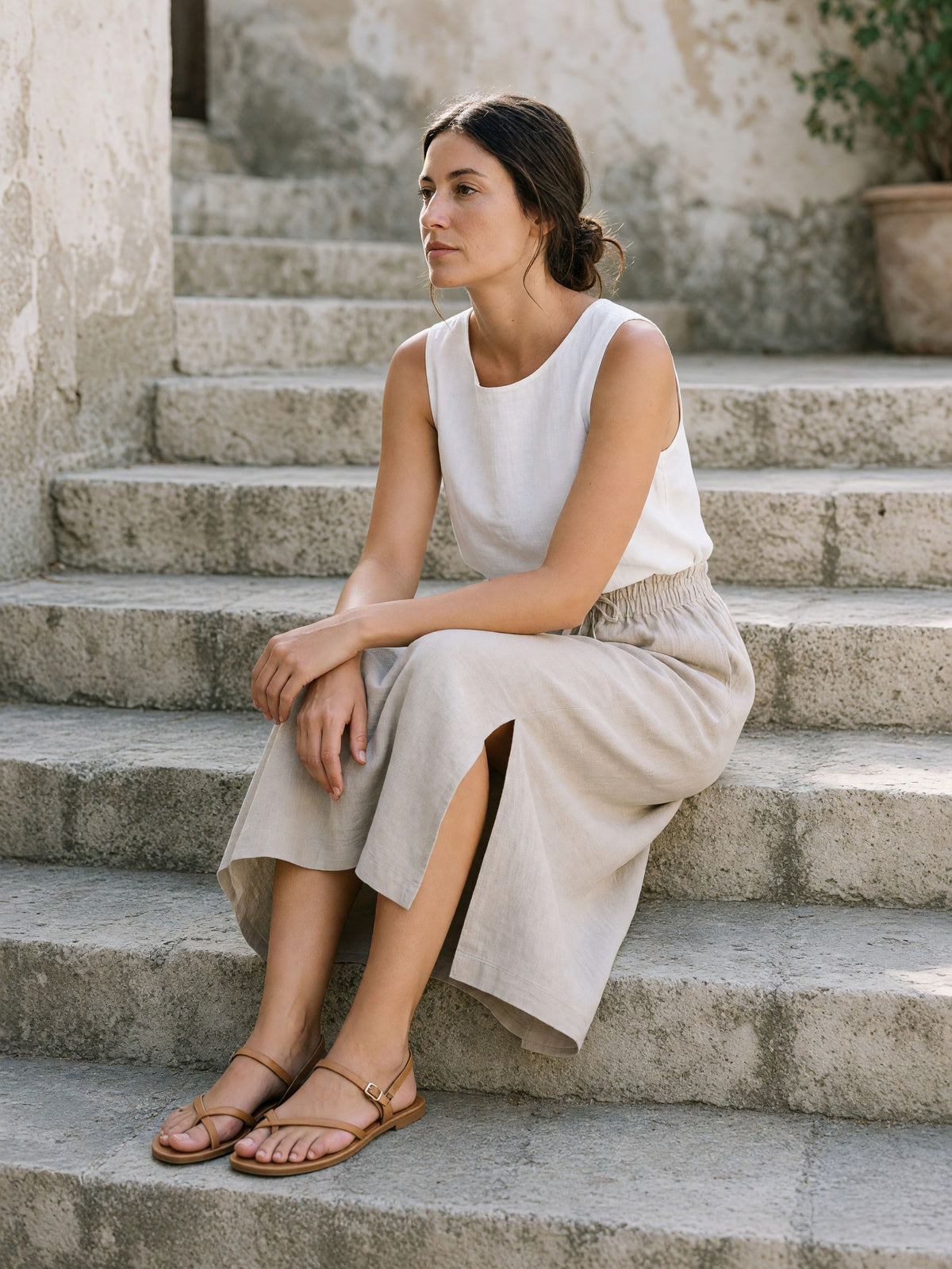 Gathered Linen Midi Skirt in natural, lifestyle
