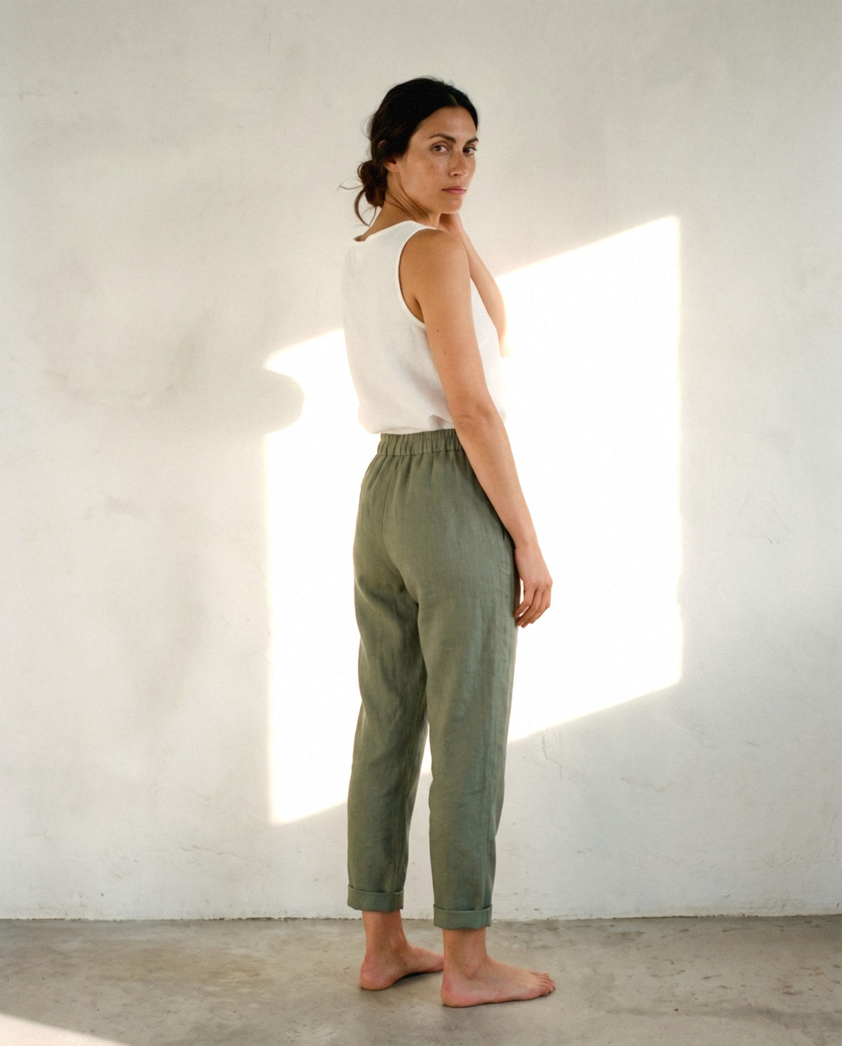Tapered Linen Trousers, in Olive