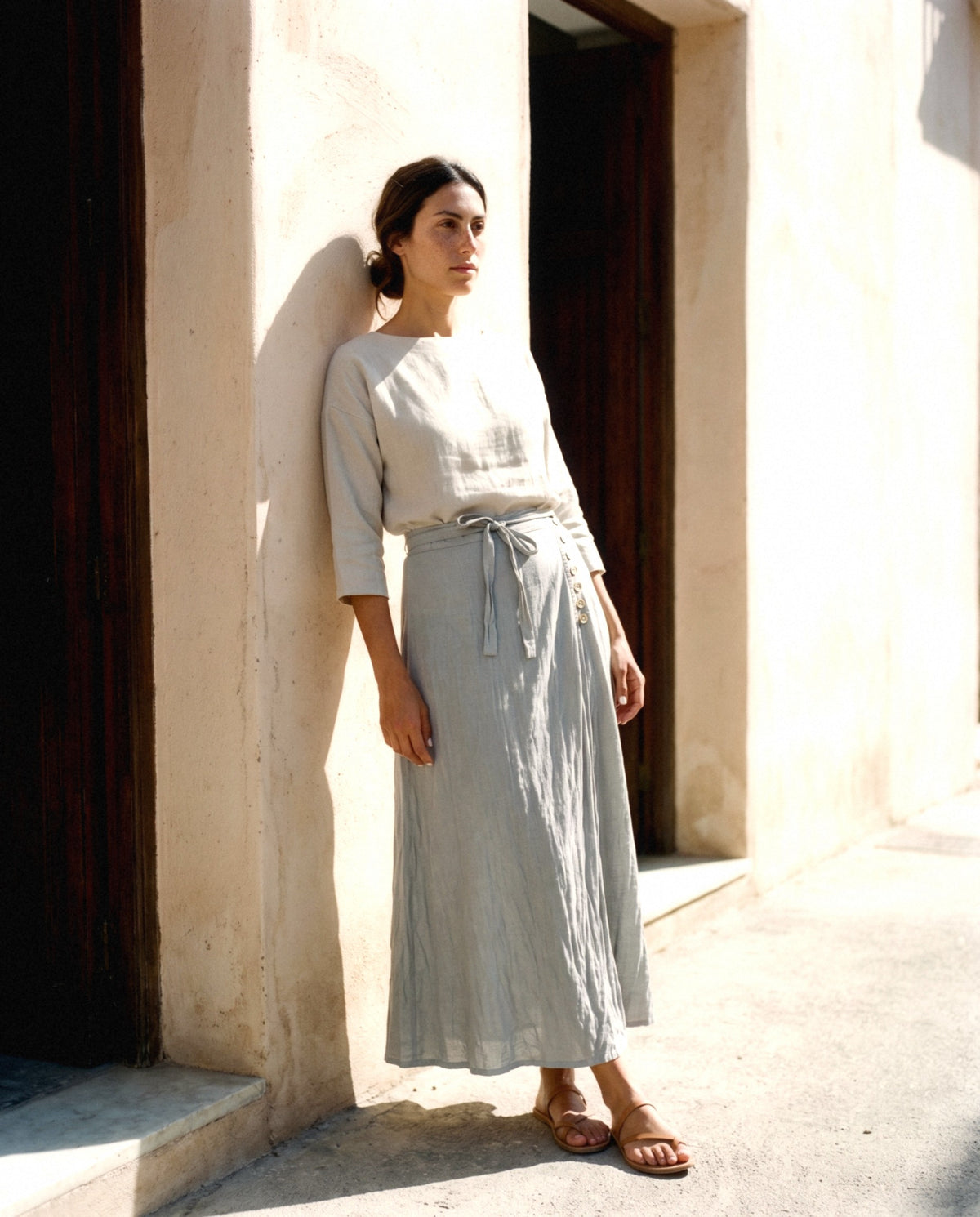 Wrap Linen Maxi Skirt, worn outdoors